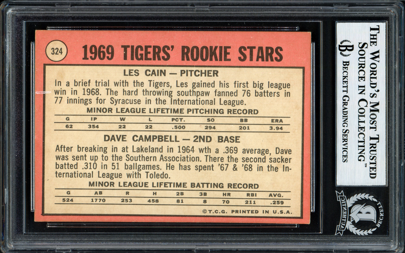Les Cain & Dave Campbell Autographed 1969 Topps Rookie Card #324 Detroit Tigers Beckett BAS #12057262