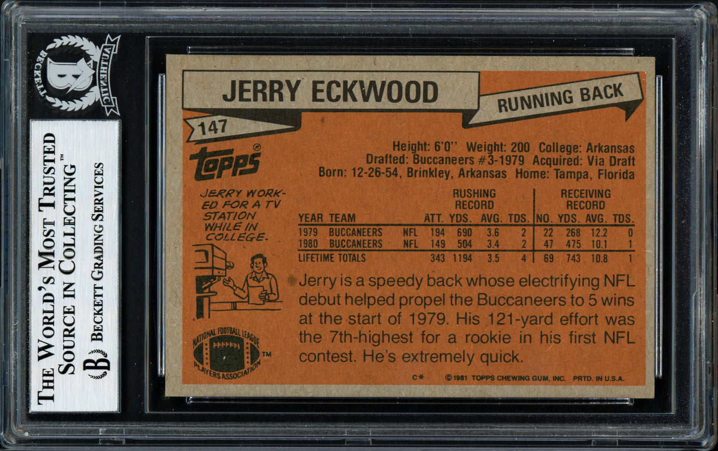Jerry Eckwood Autographed 1981 Topps Card #147 Tampa Bay Buccaneers Beckett BAS #12058721