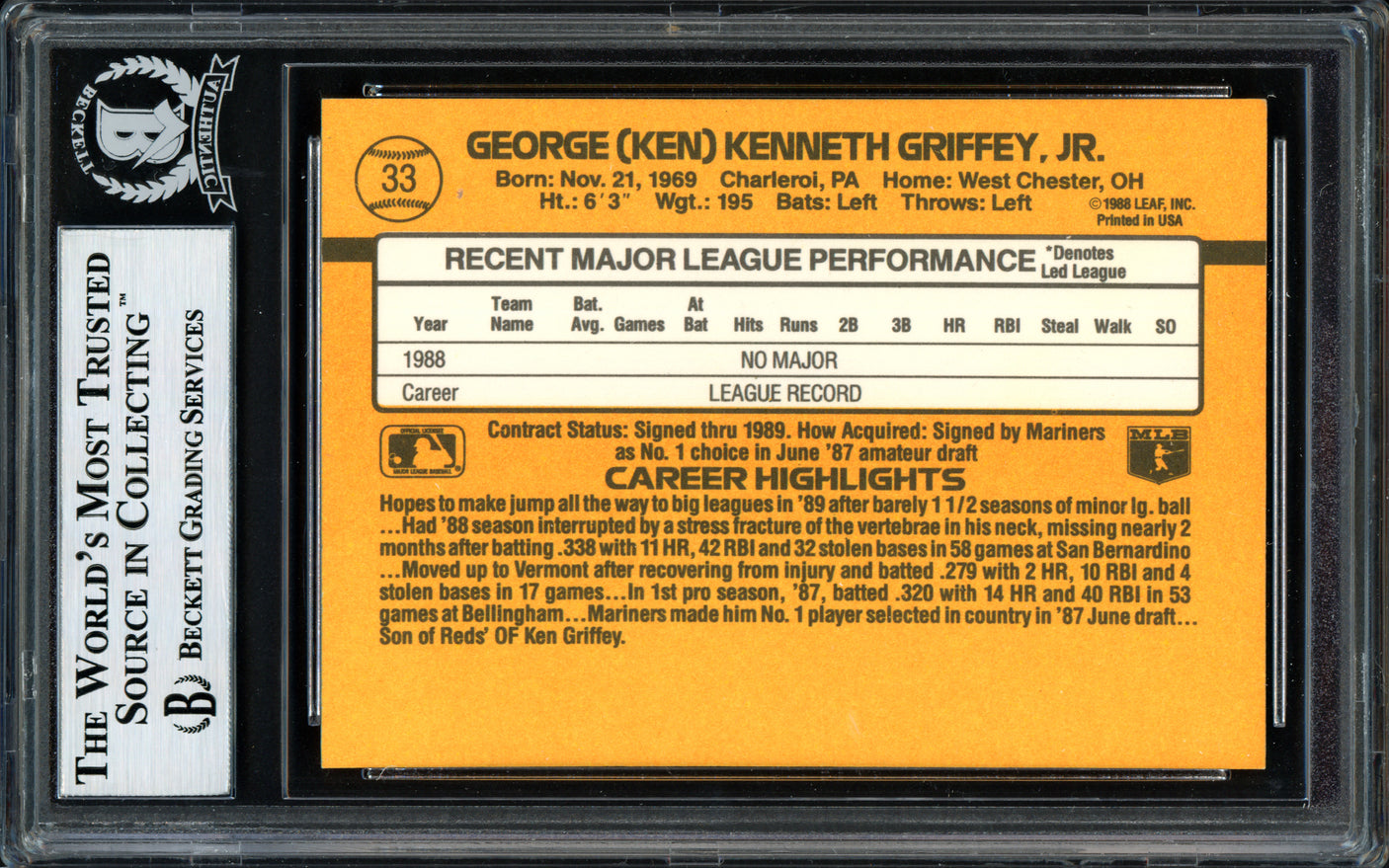 Ken Griffey Jr. Autographed 1989 Donruss Rookie Card #33 Seattle Mariners Vintage Signature Beckett BAS #12058786