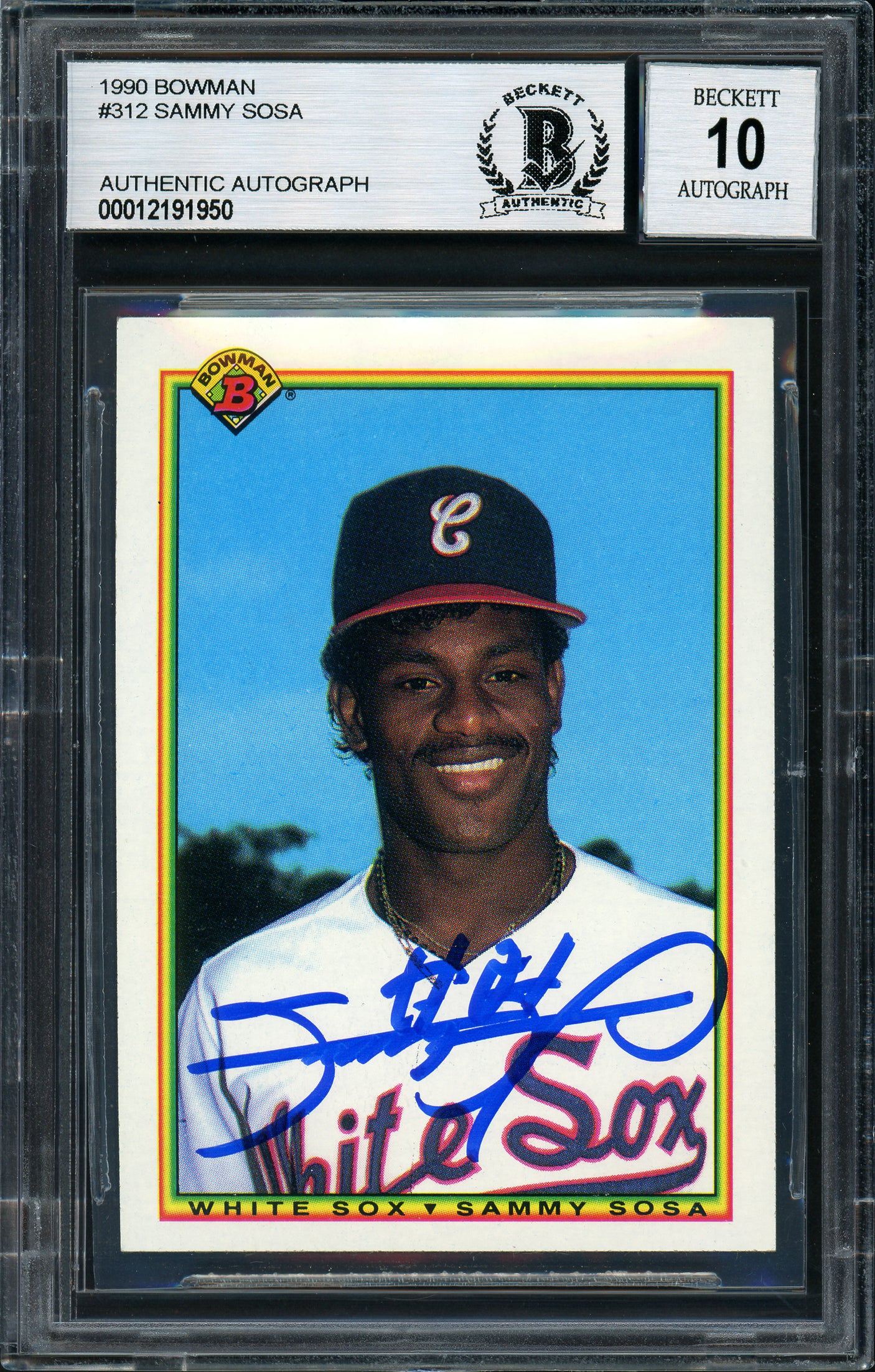 Sammy Sosa Autographed 1990 Bowman Rookie Card #312 Chicago White Sox Auto Grade 10 Beckett BAS Stock #177675