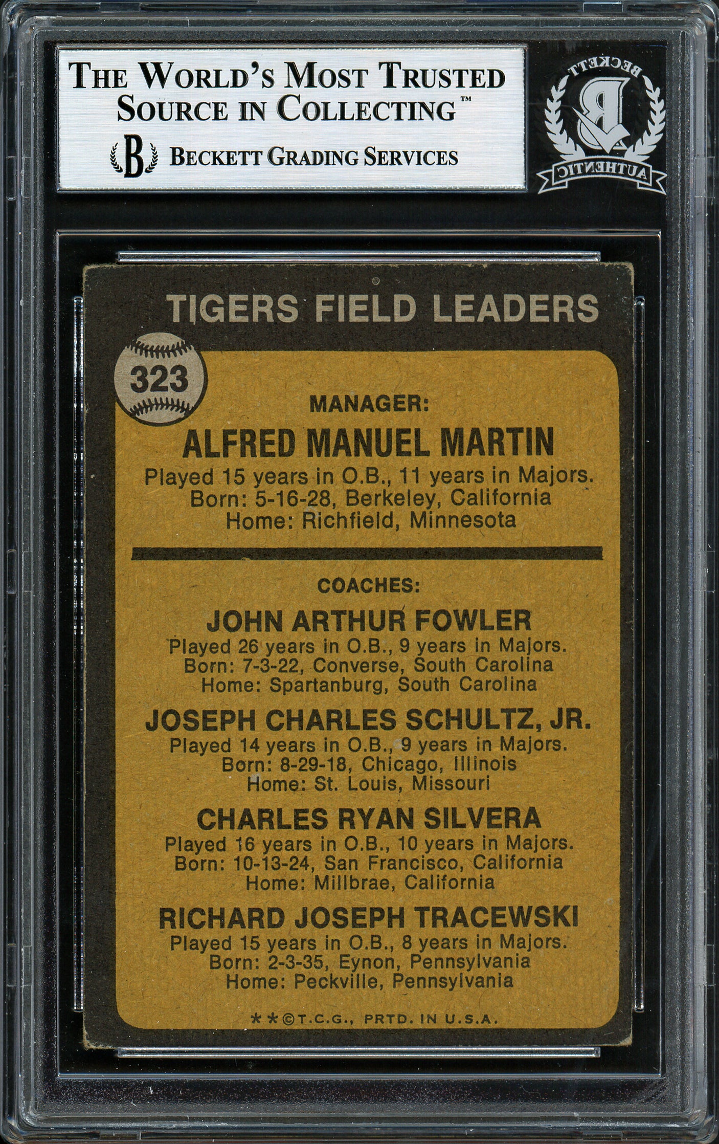 Joe Schultz Autographed 1973 Topps Card #323 Detroit Tigers Beckett BAS #12306463