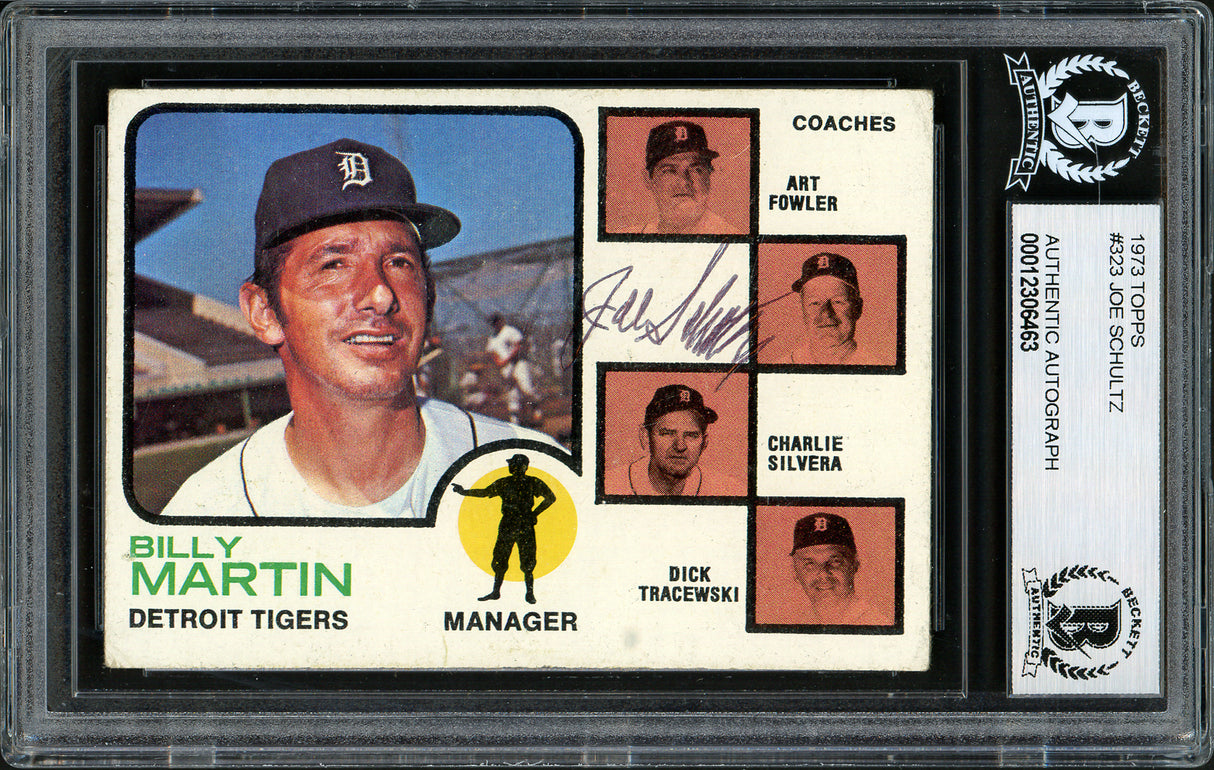 Joe Schultz Autographed 1973 Topps Card #323 Detroit Tigers Beckett BAS #12306463