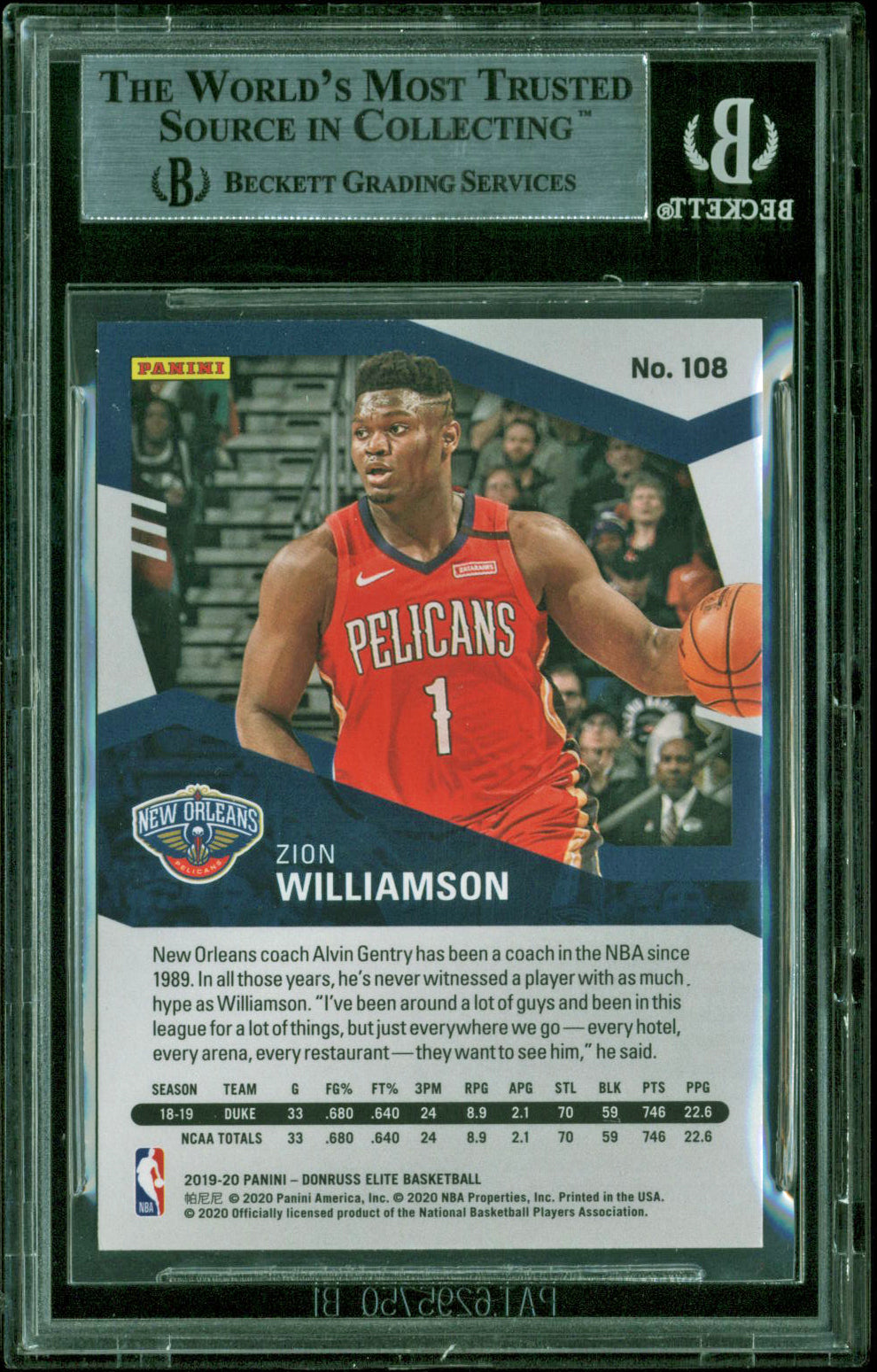 Pelicans Zion Williamson 2019-20 Panini Elite #108 BGS NM-MT+ 8.5 MINT