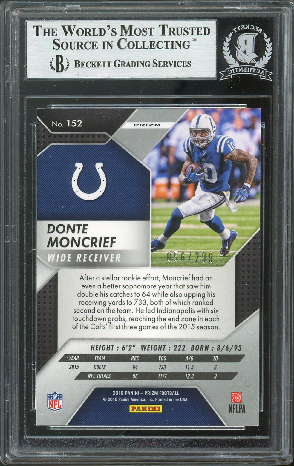 Colts Donte Moncrief Signed 2016 Panini Prizm Prizms Orange #152 Card BAS Slab