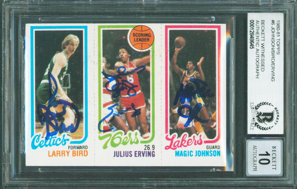 Bird, Erving & Magic Signed 1980 Topps Rookie Card Autos Graded 10! BAS Slabbed