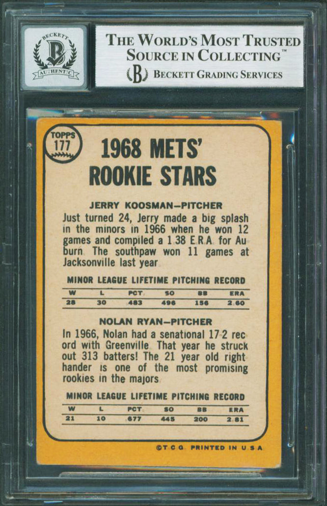 Mets Nolan Ryan "Stat" Signed 1968 Topps #177 Rookie Card Auto Grade 10 BAS Slab