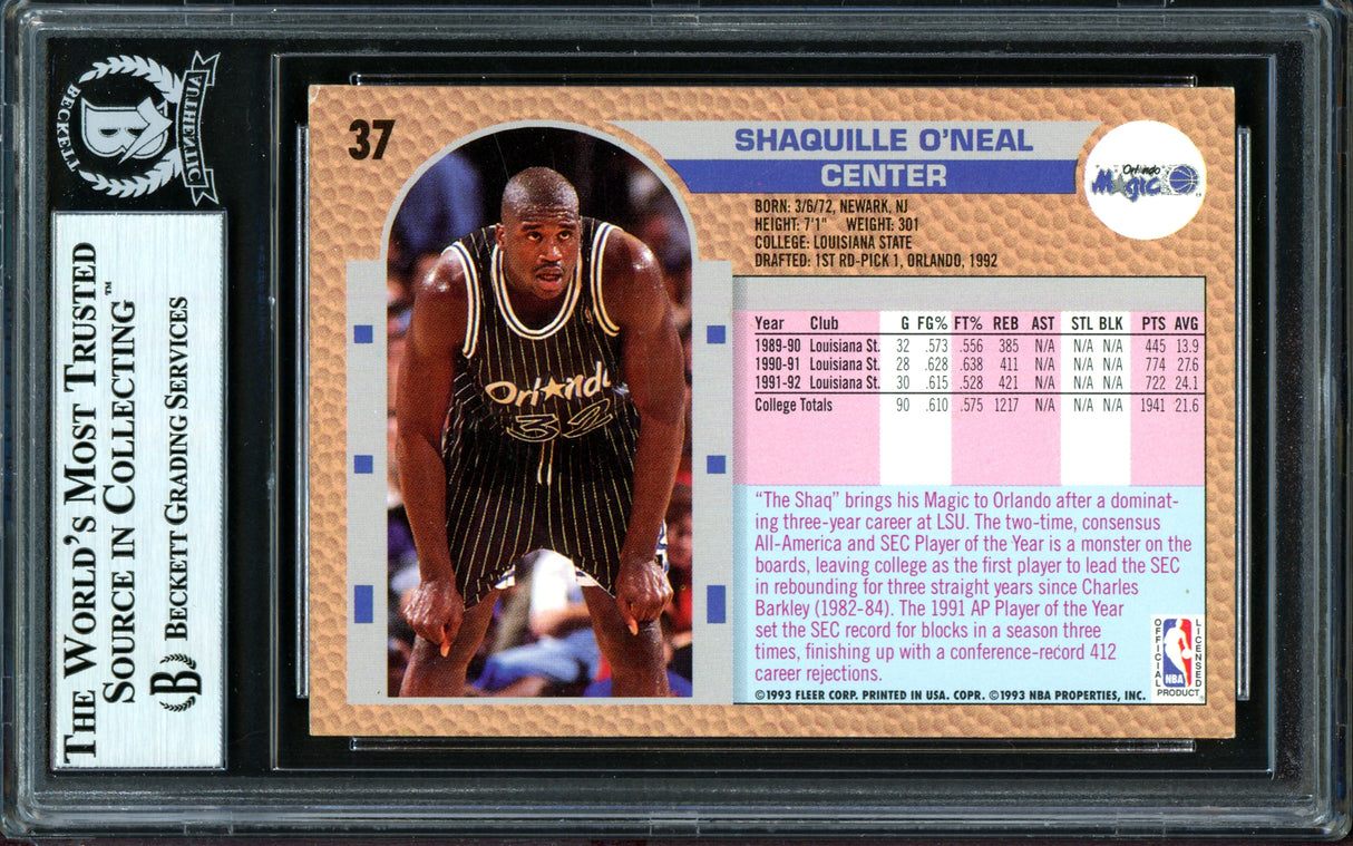 Shaquille Shaq O'Neal Autographed 1992-93 Fleer Drake's Rookie Card #37 Orlando Magic Beckett BAS #13446736