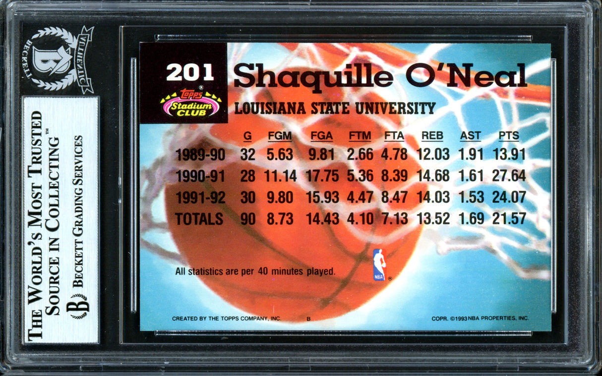 Shaquille Shaq O'Neal Autographed 1992-93 Stadium Club Members Choice Rookie Card #201 Orlando Magic Beckett BAS #13446803
