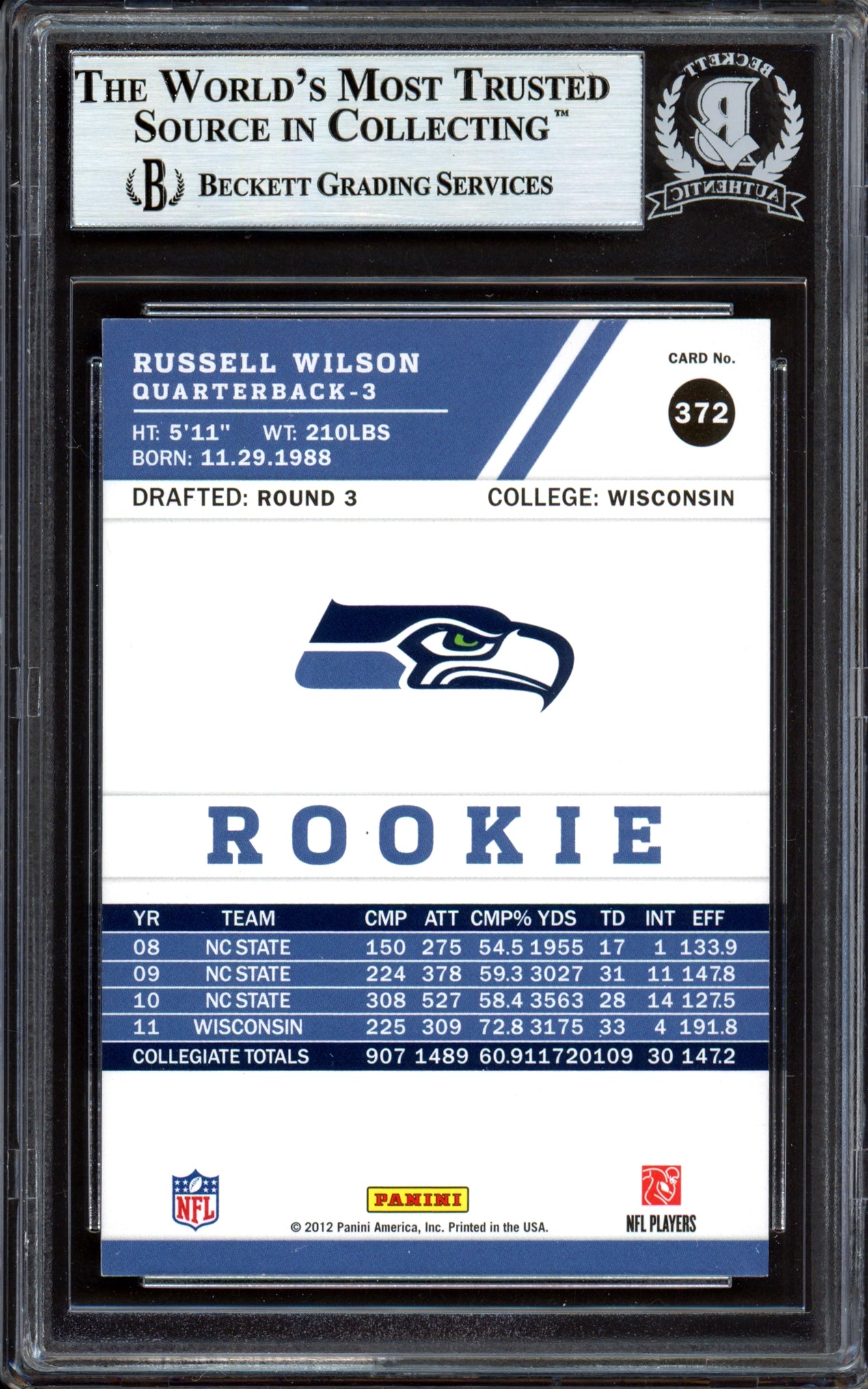 Russell Wilson Autographed 2012 Score Glossy Rookie Card #372 Seattle Seahawks Beckett BAS #13447085