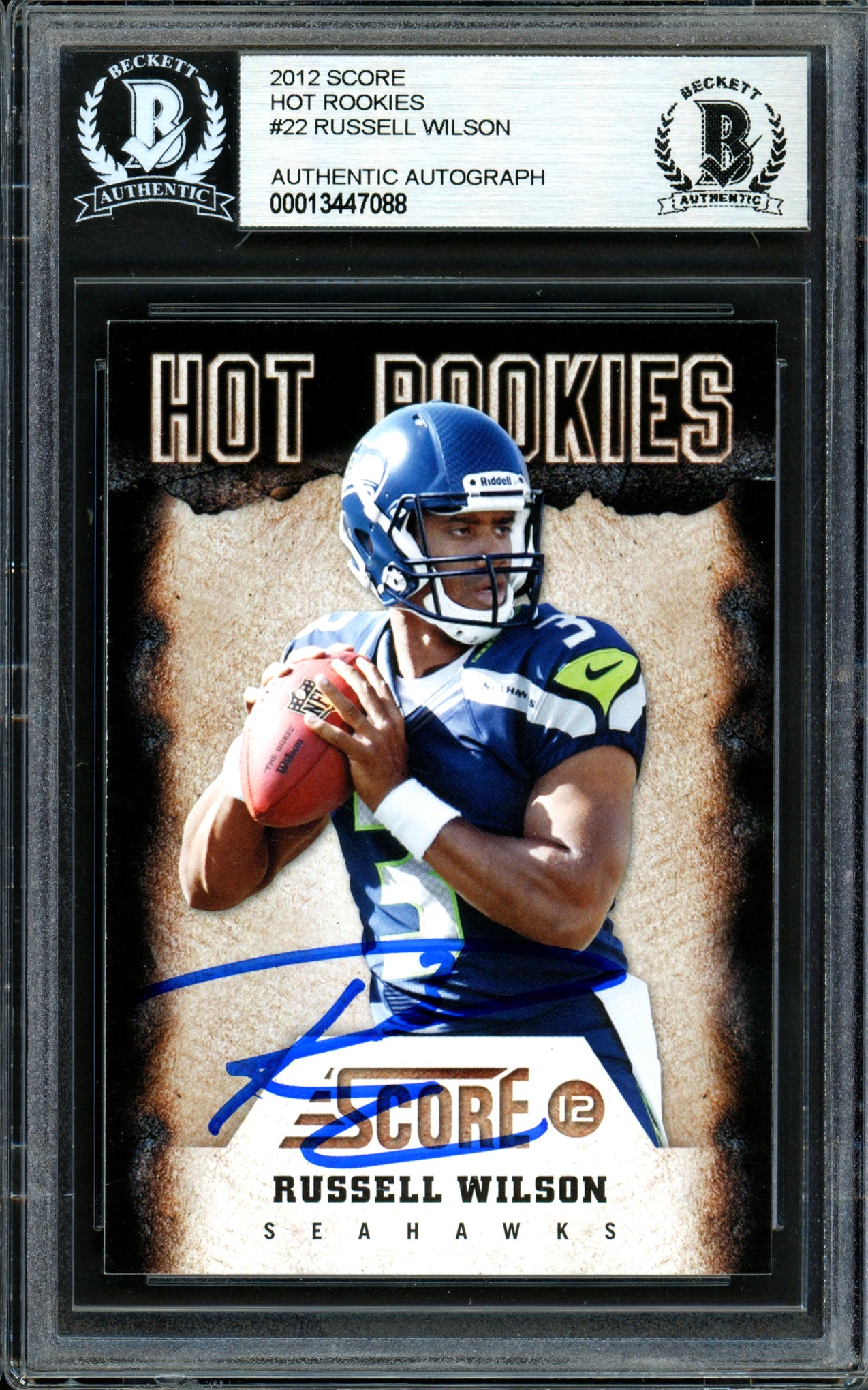 Russell Wilson Autographed 2012 Score Hot Rookies Rookie Card #22 Seattle Seahawks Beckett BAS #13447088
