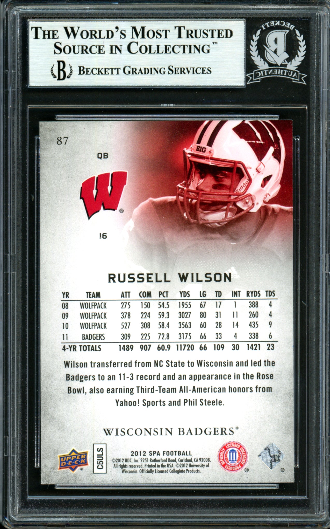 Russell Wilson Autographed 2012 SP Authentic Rookie Card #87 Seattle Seahawks Beckett BAS #13447093