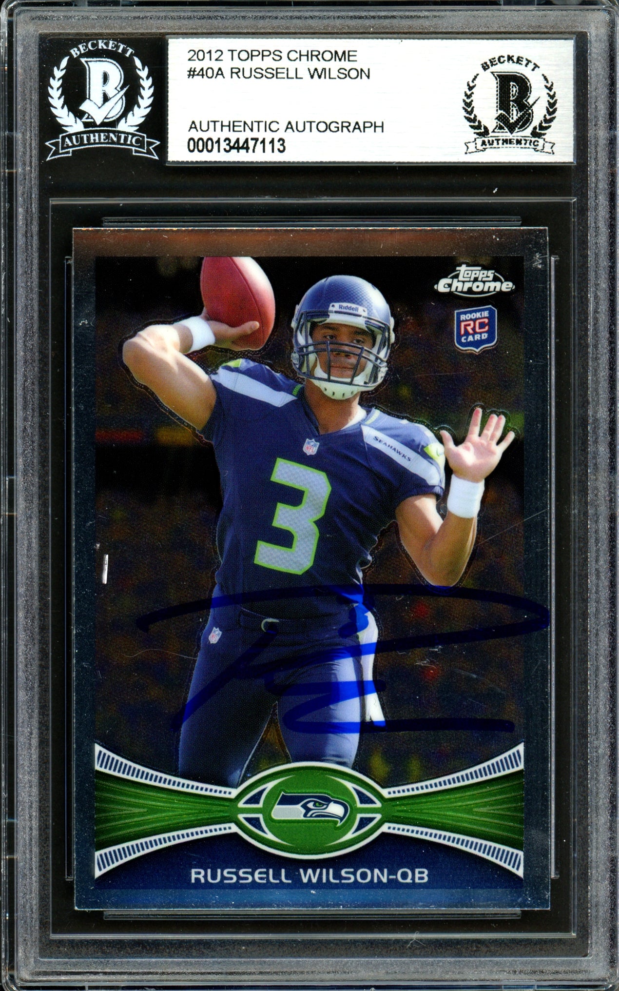 Russell Wilson Autographed 2012 Topps Chrome Rookie Card #40 Seattle Seahawks Beckett BAS #13447113