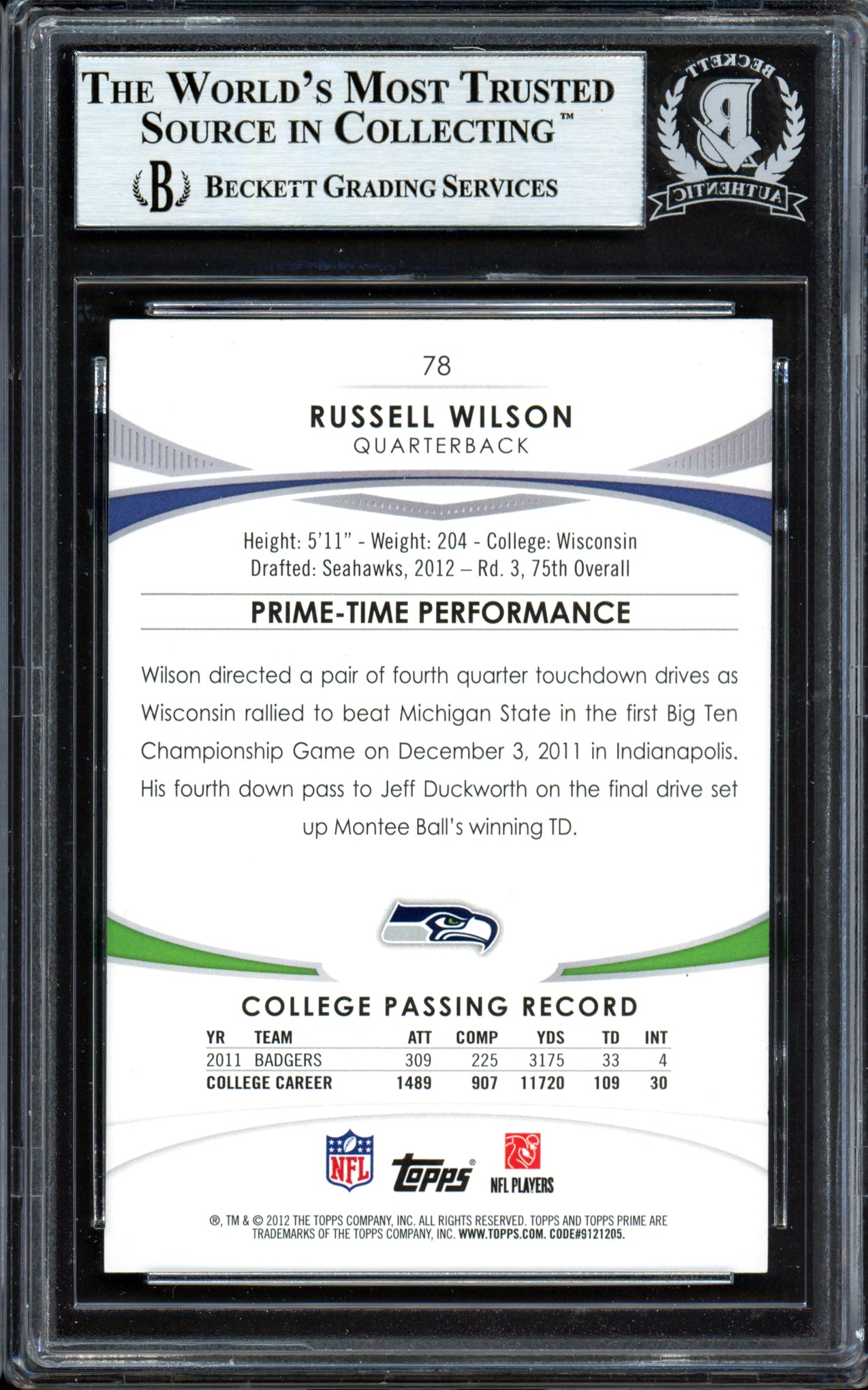Russell Wilson Autographed 2012 Topps Prime Rookie Card #78 Seattle Seahawks Beckett BAS #13447127