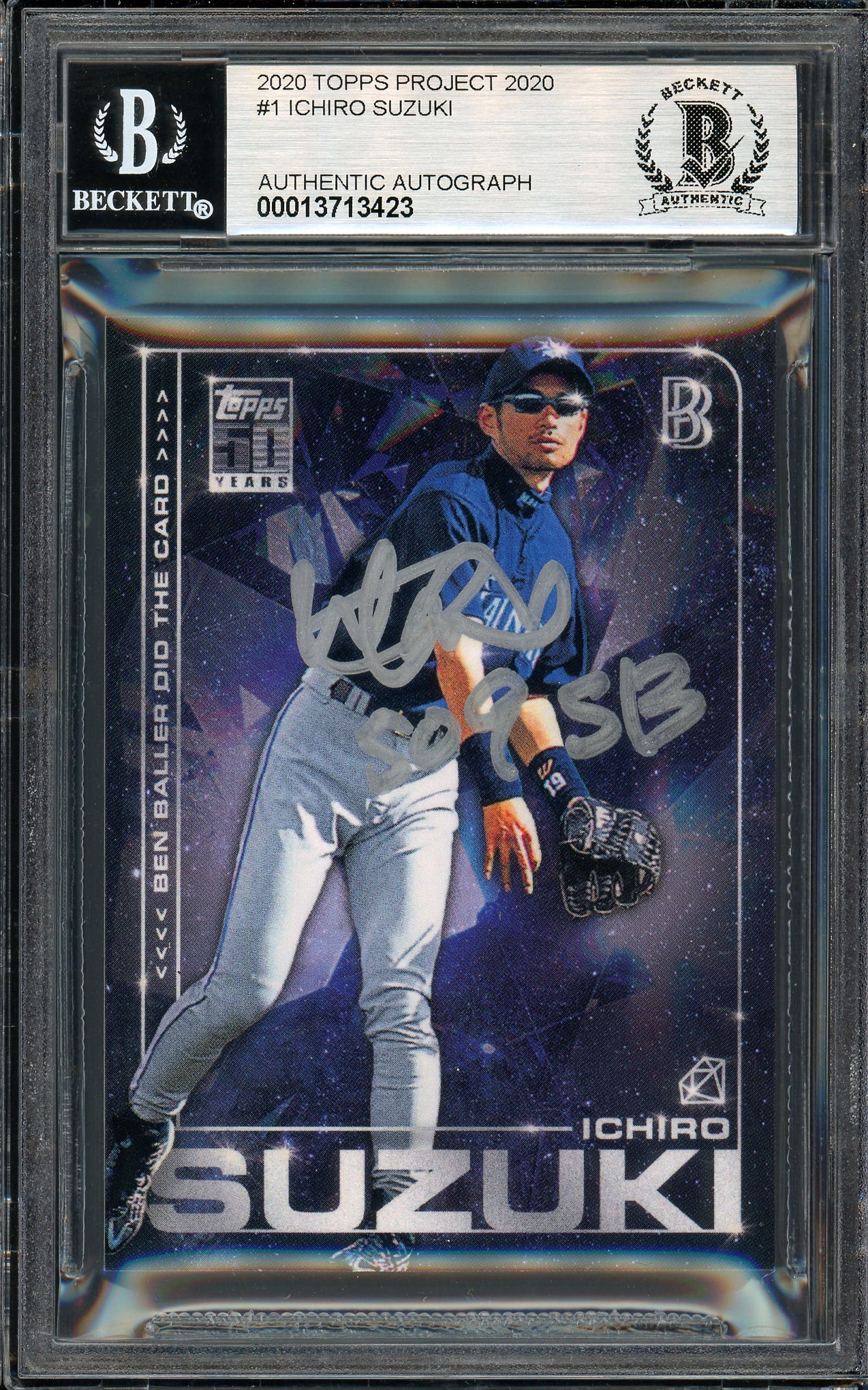 Ichiro Suzuki Autographed Topps Project 2020 Ben Baller Card #1 Seattle Mariners Auto Grade Gem Mint 10 "509 SB" Silver #1/1 Beckett BAS #13713423