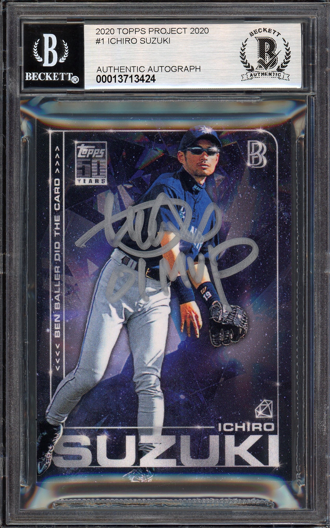 Ichiro Suzuki Autographed Topps Project 2020 Ben Baller Card #1 Seattle Mariners Auto Grade Gem Mint 10 "01 MVP" Silver #1/1 Beckett BAS #13713424