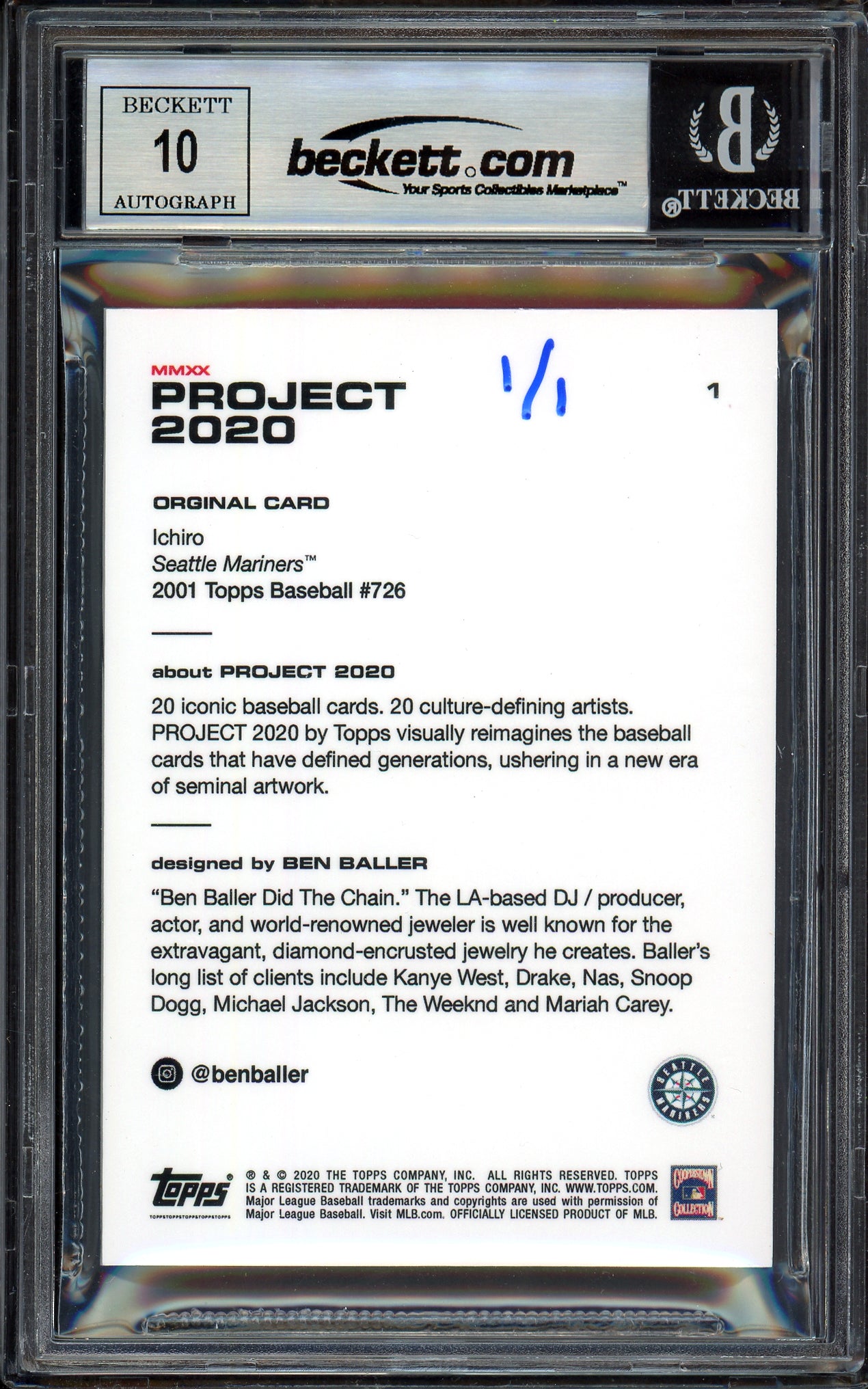 Ichiro Suzuki Autographed Topps Project 2020 Ben Baller Card #1 Seattle Mariners Auto Grade Gem Mint 10 "01 MVP" Silver #1/1 Beckett BAS #13713424