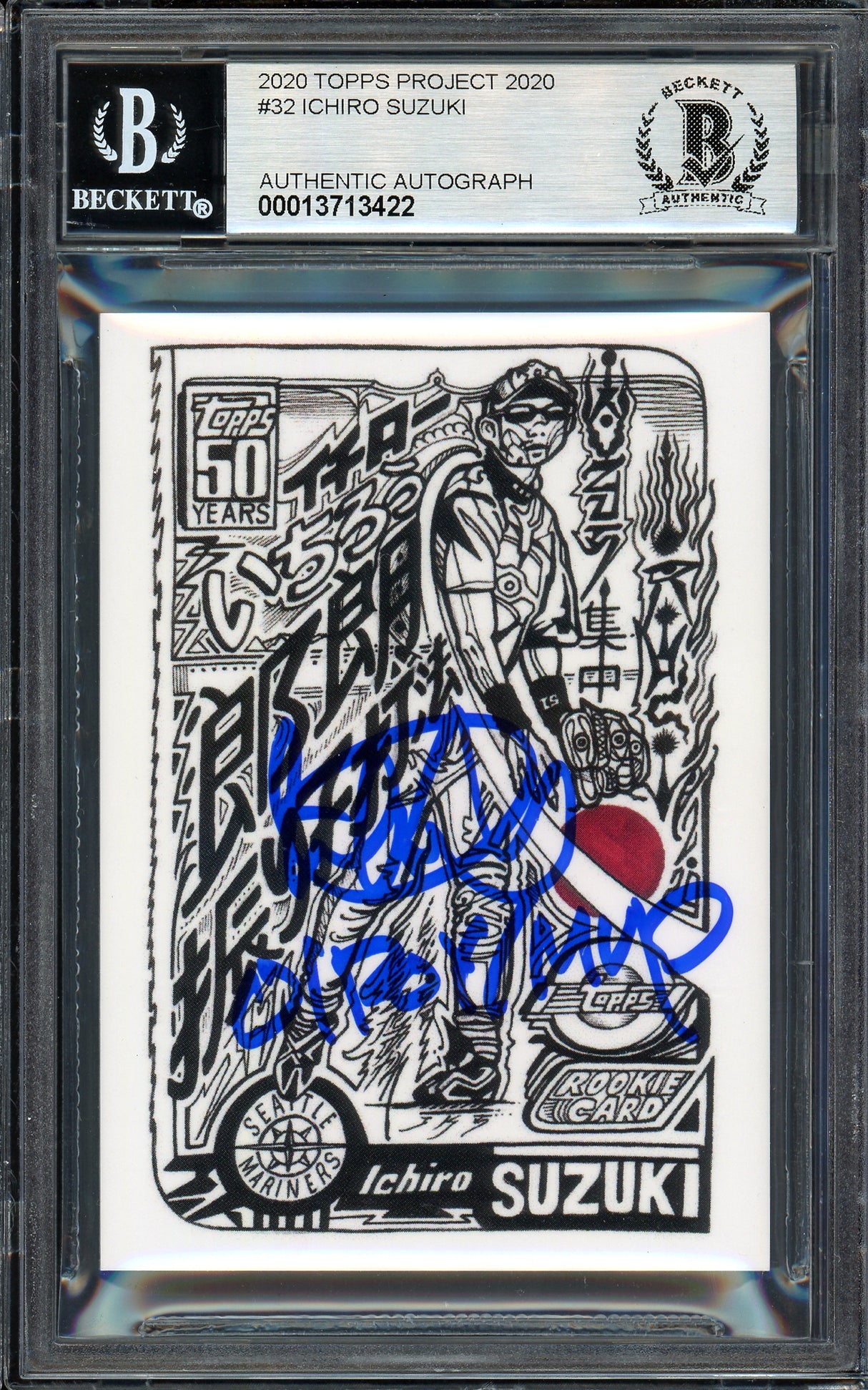 Ichiro Suzuki Autographed Topps Project 2020 JK5 Card #32 Seattle Mariners Auto Grade Gem Mint 10 "01 ROY/MVP" Blue #1/1 Beckett BAS #13713422