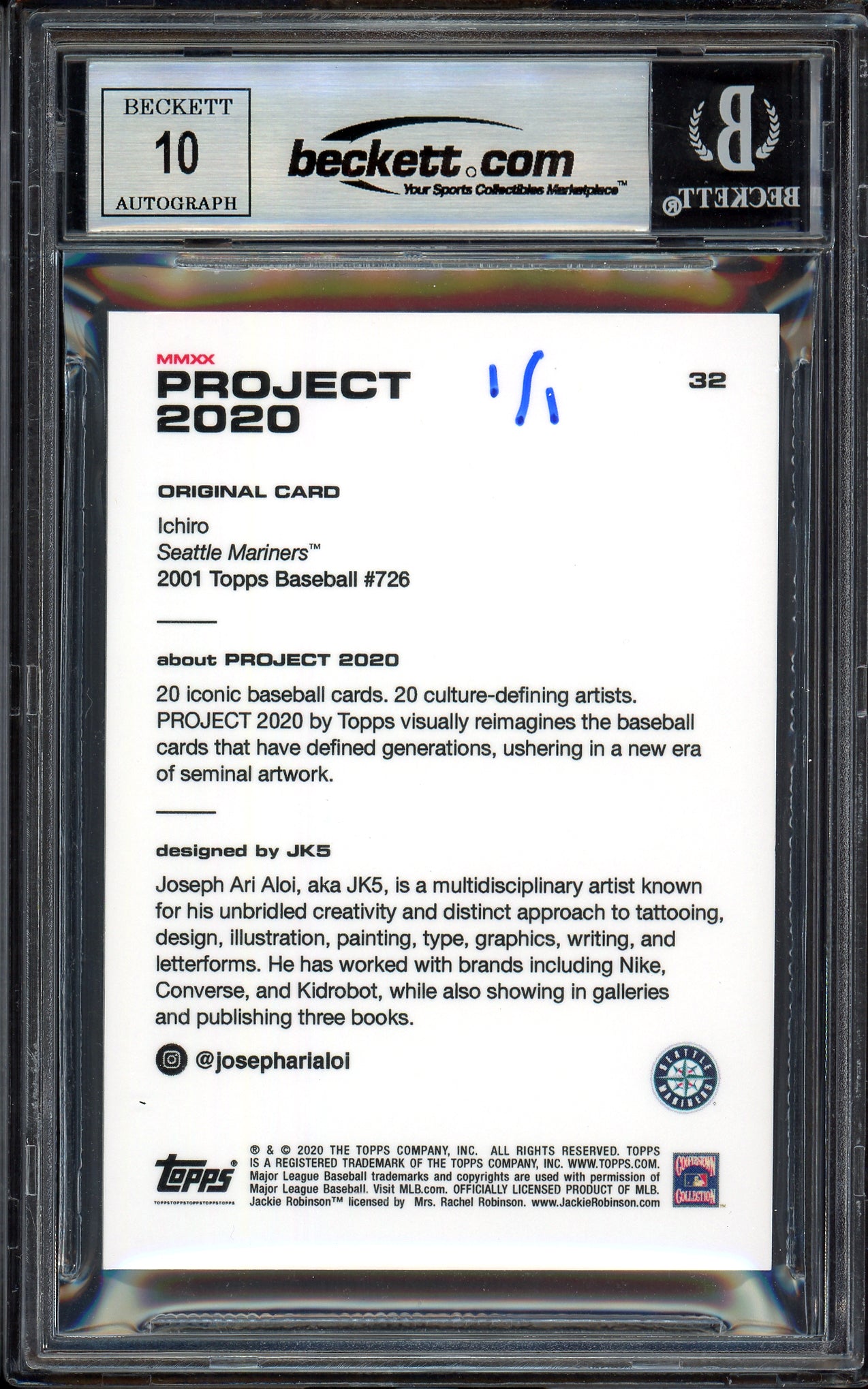Ichiro Suzuki Autographed Topps Project 2020 JK5 Card #32 Seattle Mariners Auto Grade Gem Mint 10 "01 ROY/MVP" Blue #1/1 Beckett BAS #13713422