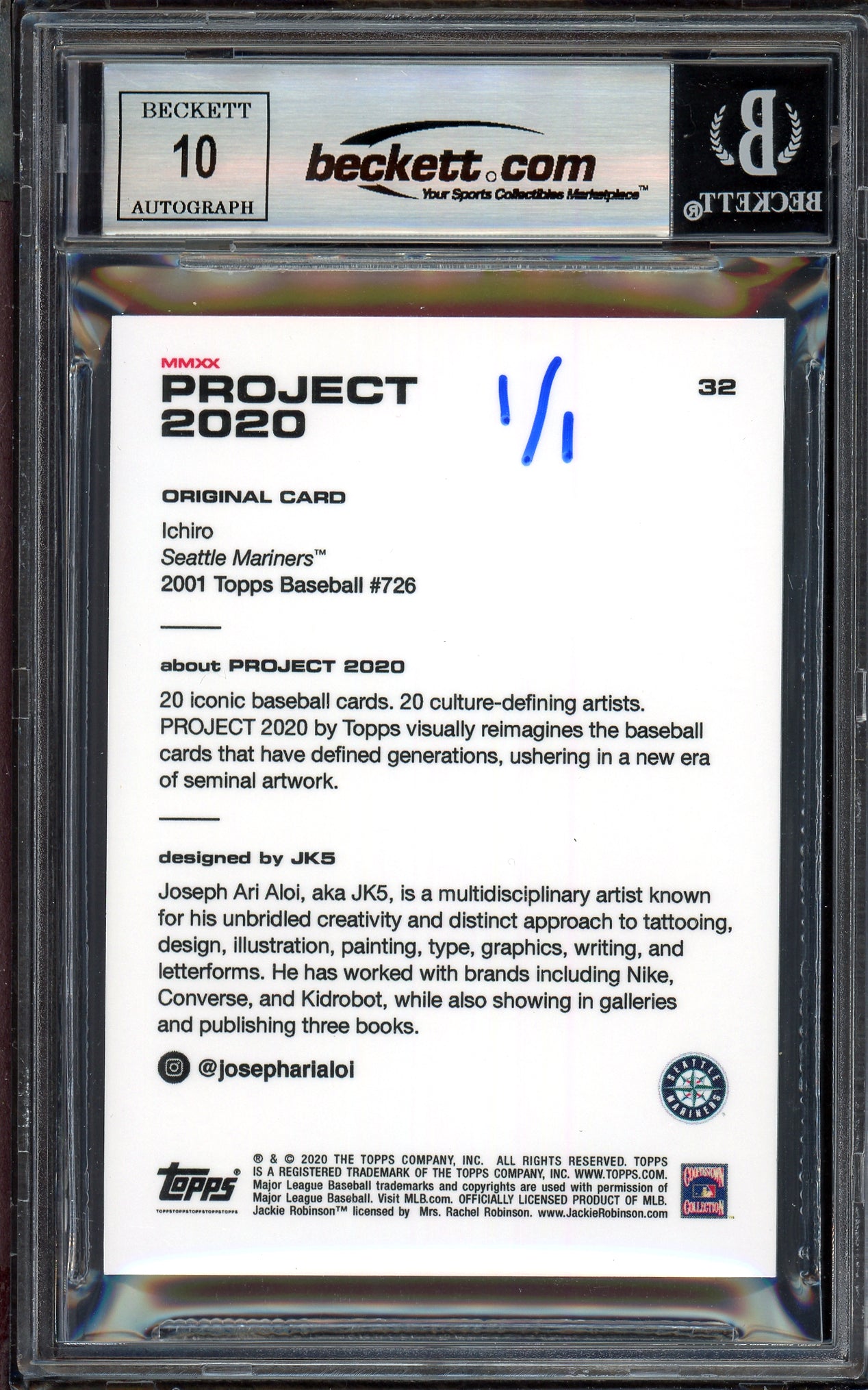 Ichiro Suzuki Autographed Topps Project 2020 JK5 Card #32 Seattle Mariners Auto Grade Gem Mint 10 Blue #1/1 Beckett BAS #13713421