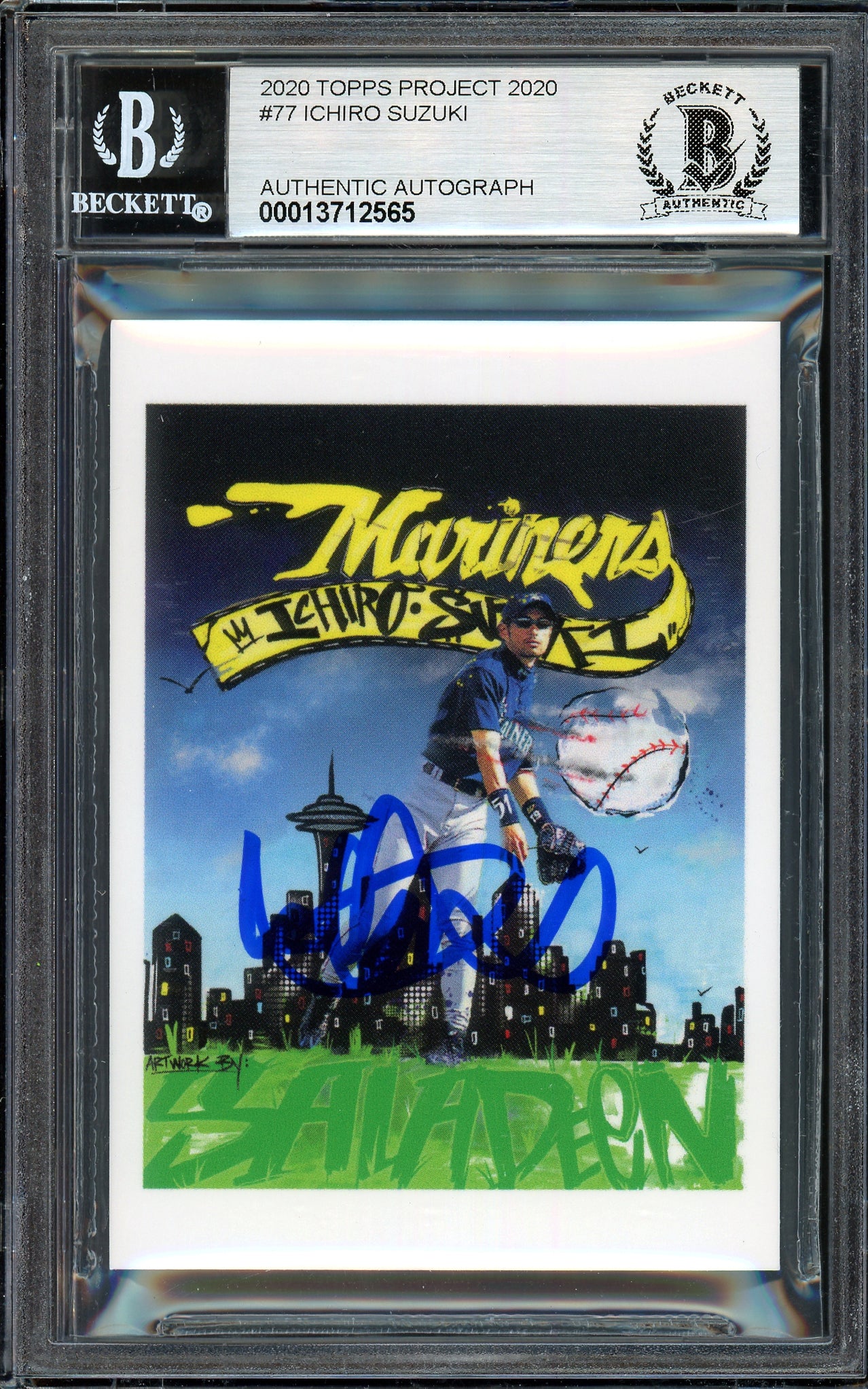 Ichiro Suzuki Autographed Topps Project 2020 King Saladeen Card #77 Seattle Mariners Auto Grade Gem Mint 10 Blue #/10 Beckett BAS Stock #200959