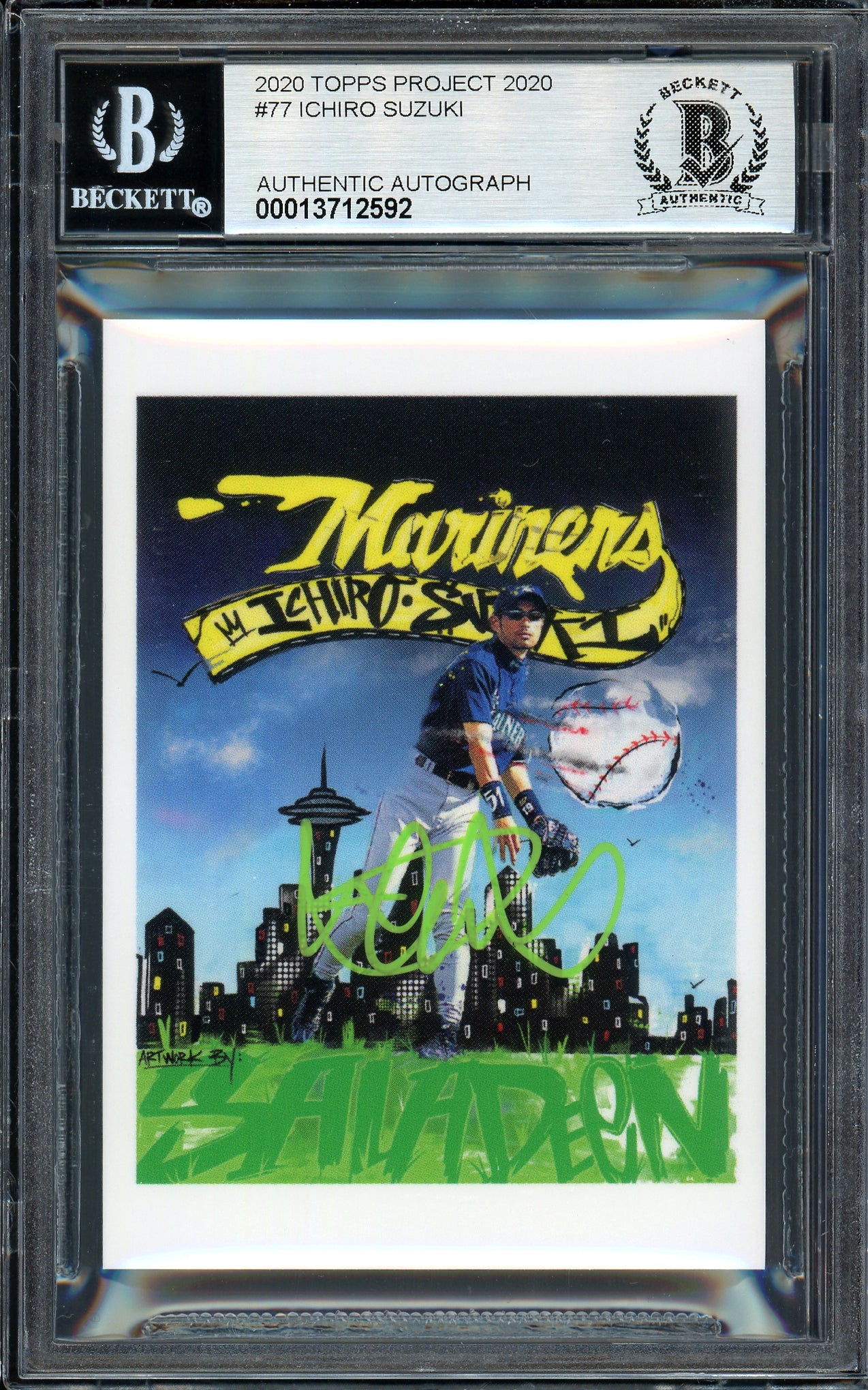 Ichiro Suzuki Autographed Topps Project 2020 King Saladeen Card #77 Seattle Mariners Auto Grade Gem Mint 10 Lime Green #/10 Beckett BAS Stock #200960