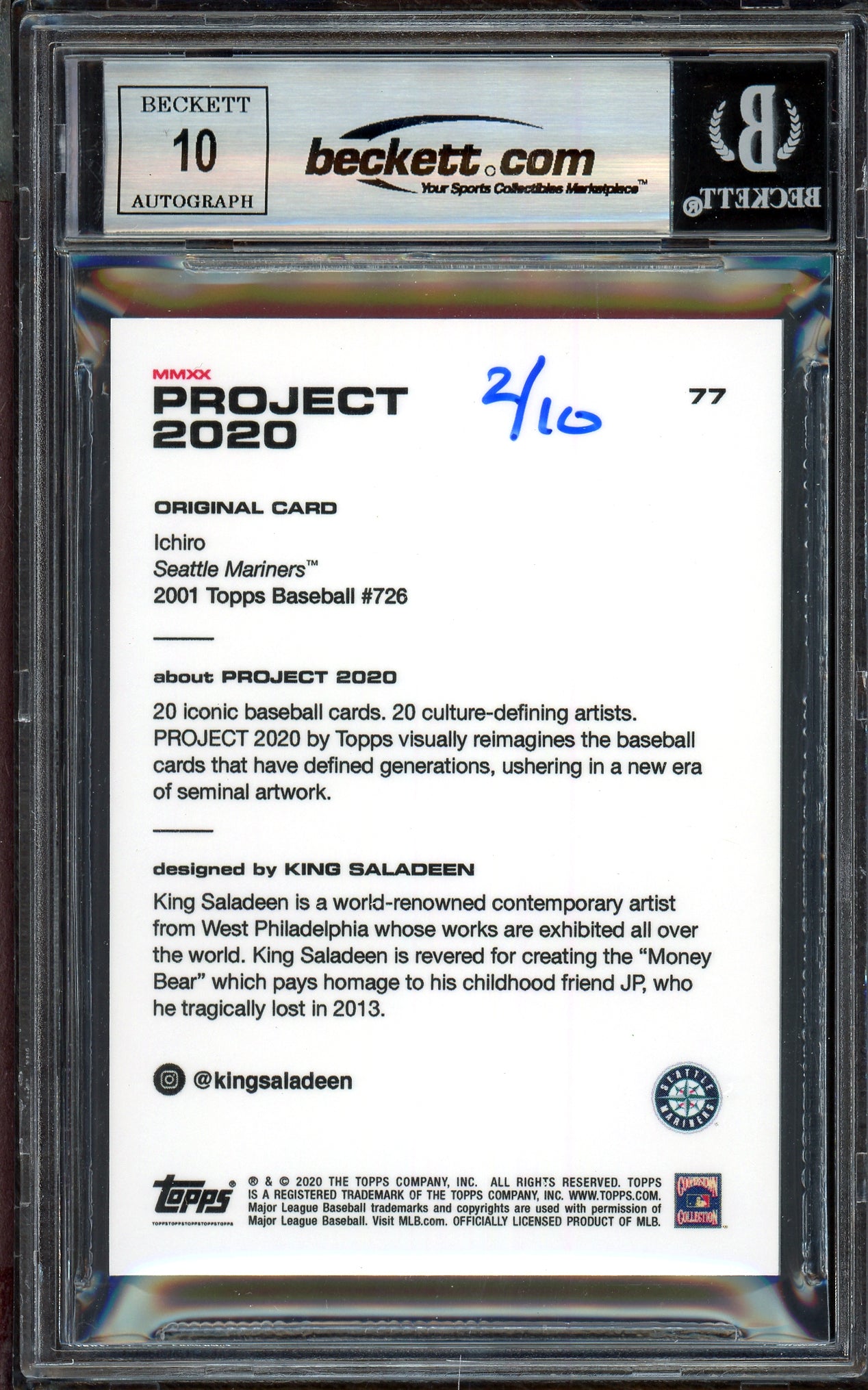 Ichiro Suzuki Autographed Topps Project 2020 King Saladeen Card #77 Seattle Mariners Auto Grade Gem Mint 10 Black #/10 Beckett BAS Stock #200961