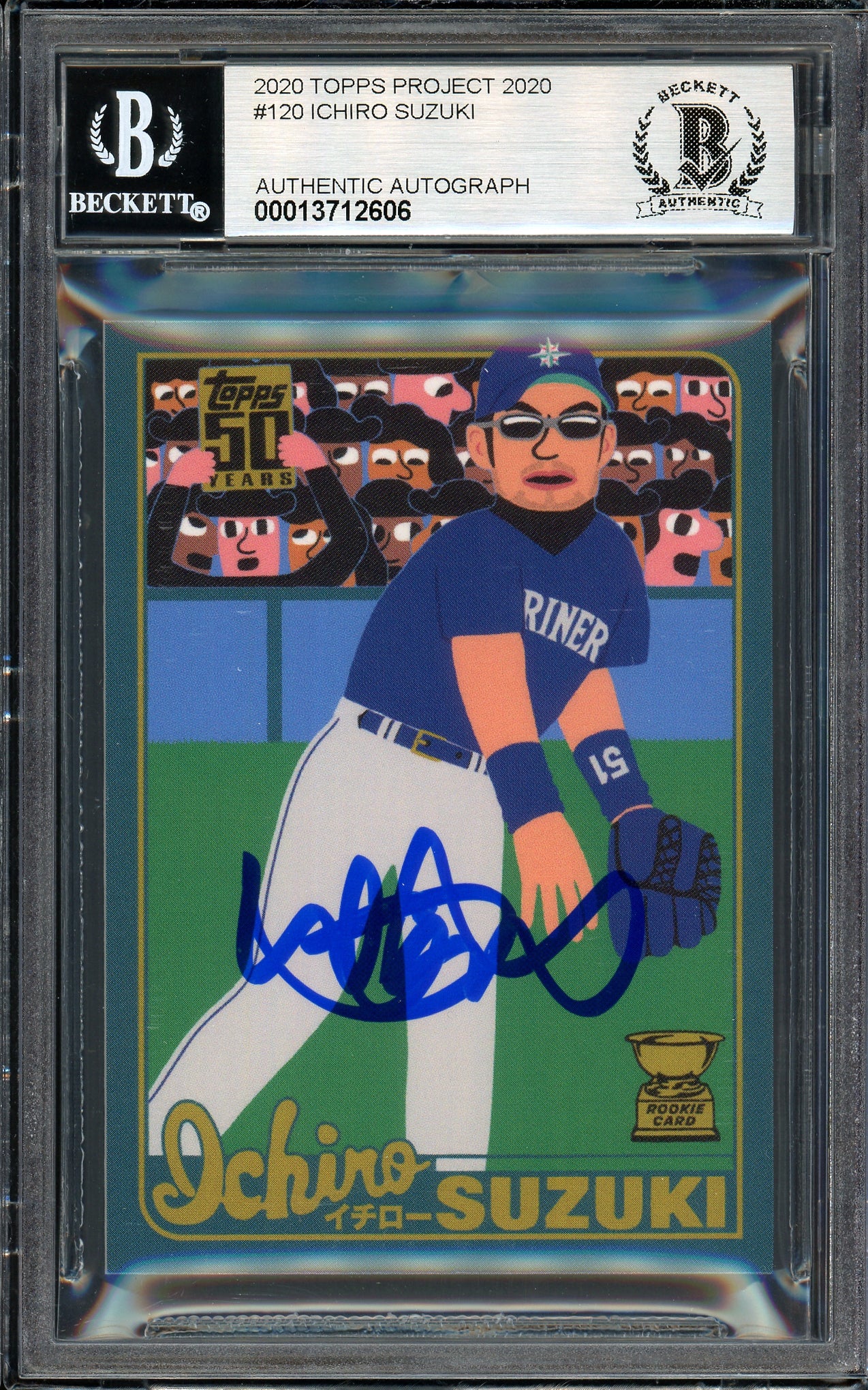 Ichiro Suzuki Autographed Topps Project 2020 Keith Shore Card #120 Seattle Mariners Auto Grade Gem Mint 10 Blue #/5 Beckett BAS Stock #200964