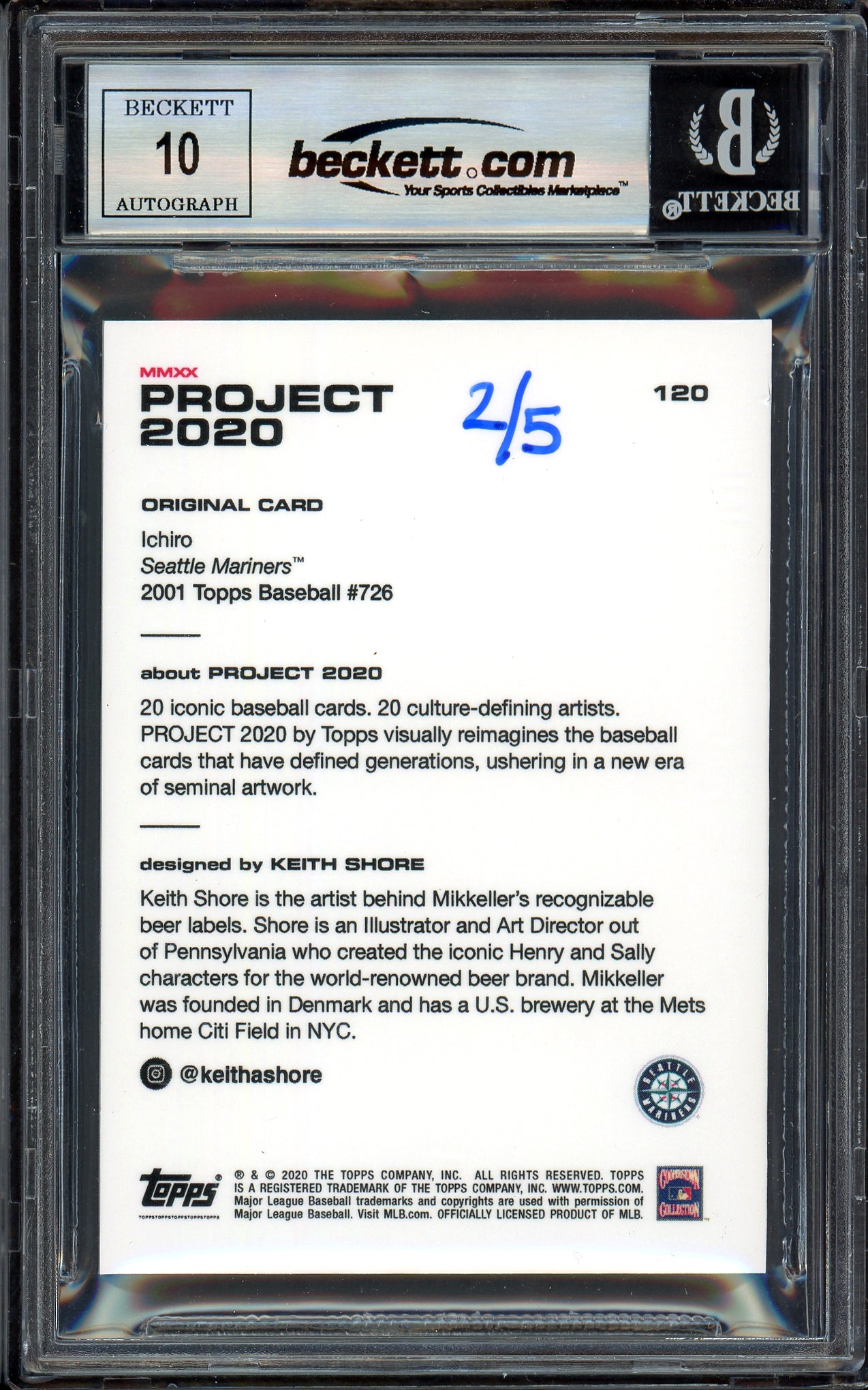 Ichiro Suzuki Autographed Topps Project 2020 Keith Shore Card #120 Seattle Mariners Auto Grade Gem Mint 10 Blue #/5 Beckett BAS Stock #200964