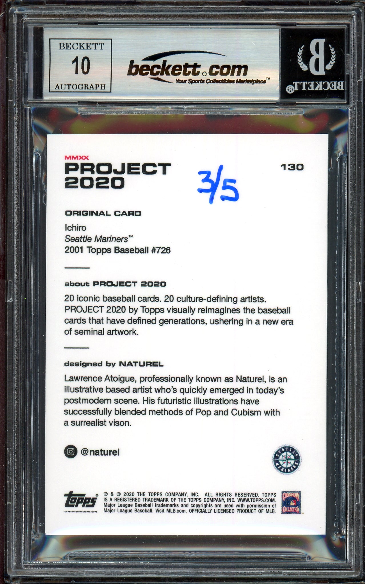 Ichiro Suzuki Autographed Topps Project 2020 Naturel Card #130 Seattle Mariners Auto Grade Gem Mint 10 Blue #/5 Beckett BAS Stock #200967