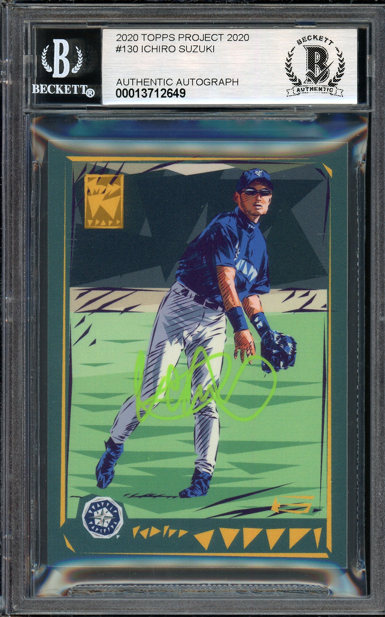 Ichiro Suzuki Autographed Topps Project 2020 Naturel Card #130 Seattle Mariners Auto Grade Gem Mint 10 Lime Green #1/5 Beckett BAS #13712649