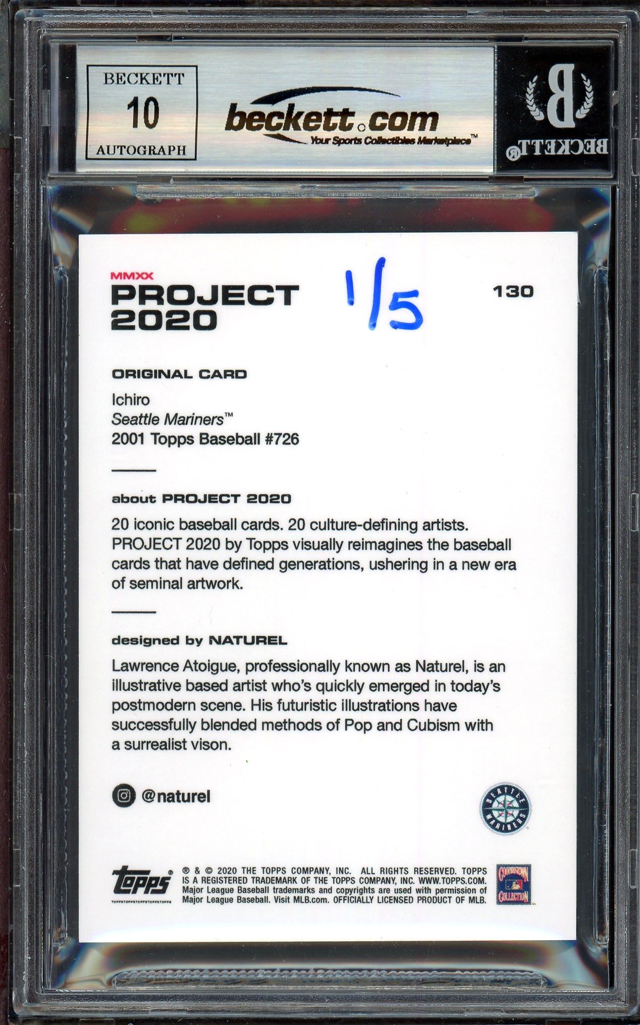 Ichiro Suzuki Autographed Topps Project 2020 Naturel Card #130 Seattle Mariners Auto Grade Gem Mint 10 Lime Green #1/5 Beckett BAS #13712649