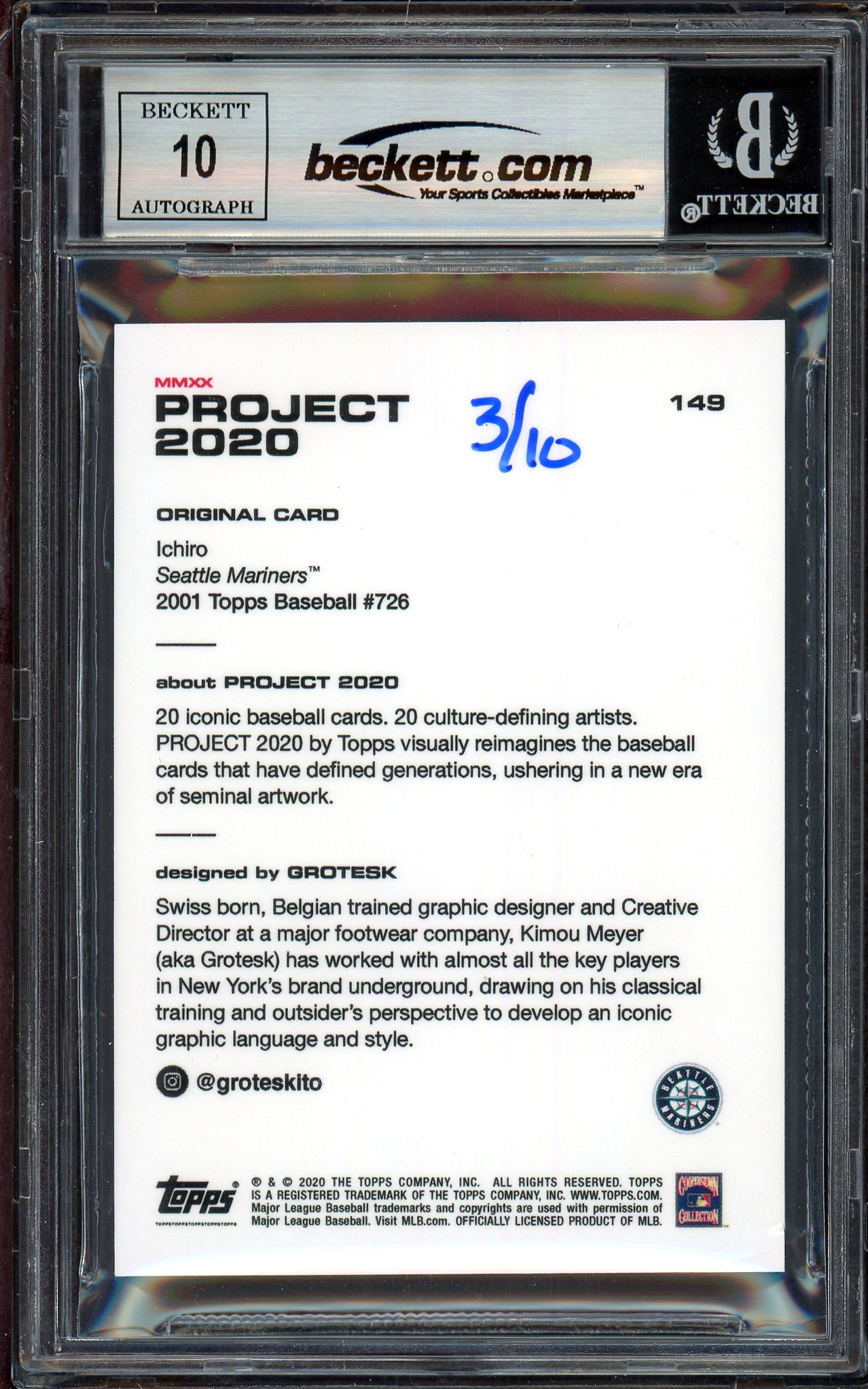 Ichiro Suzuki Autographed Topps Project 2020 Grotesk Card #149 Seattle Mariners Auto Grade Gem Mint 10 Blue #/10 Beckett BAS Stock #200975