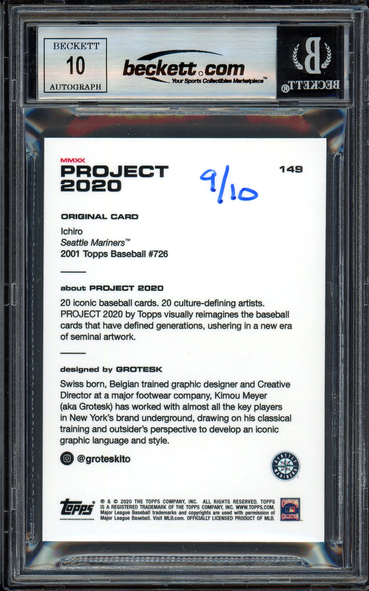Ichiro Suzuki Autographed Topps Project 2020 Grotesk Card #149 Seattle Mariners Auto Grade Gem Mint 10 Lime Green #/10 Beckett BAS Stock #200976