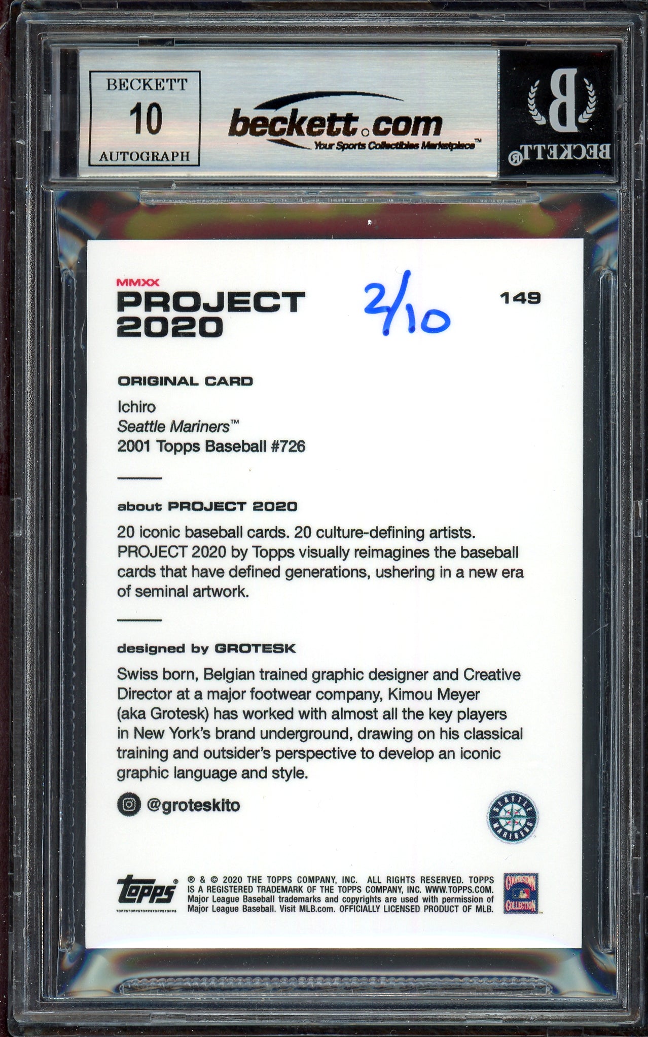 Ichiro Suzuki Autographed Topps Project 2020 Grotesk Card #149 Seattle Mariners Auto Grade Gem Mint 10 Black #2/10 Beckett BAS #13712776