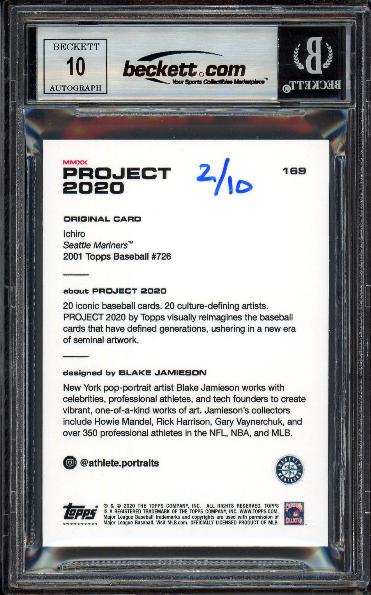 Ichiro Suzuki Autographed Topps Project 2020 Blake Jamieson Card #169 Seattle Mariners Auto Grade Gem Mint 10 Blue #/10 Beckett BAS Stock #200984