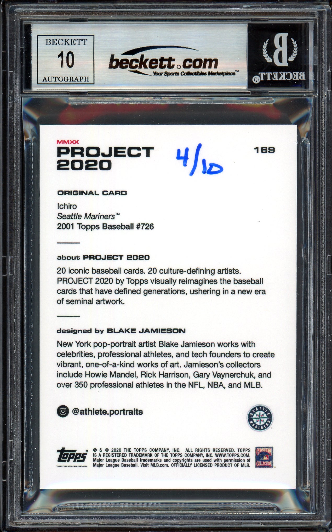 Ichiro Suzuki Autographed Topps Project 2020 Blake Jamieson Card #169 Seattle Mariners Auto Grade Gem Mint 10 Black #/10 Beckett BAS Stock #200986