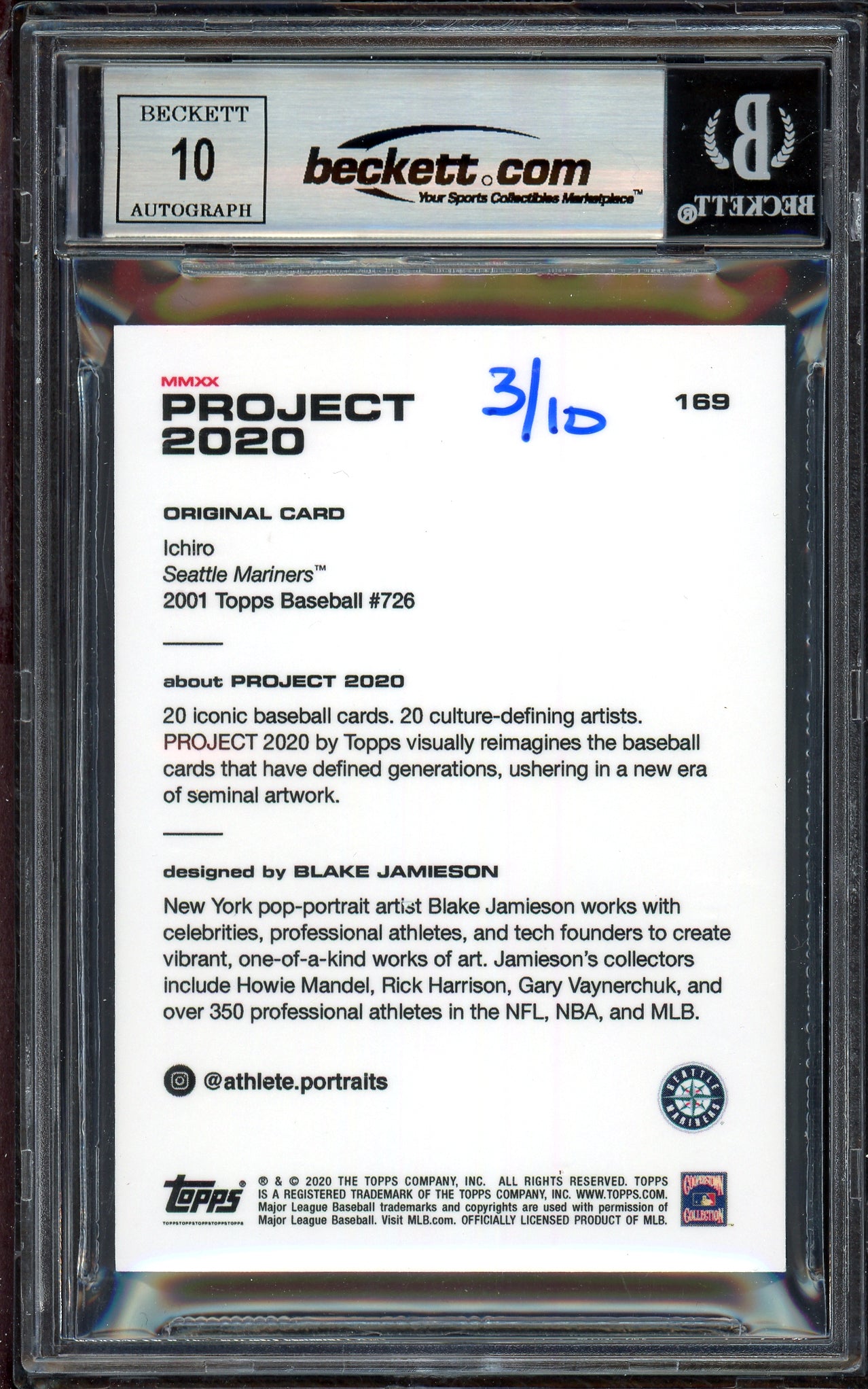 Ichiro Suzuki Autographed Topps Project 2020 Blake Jamieson Card #169 Seattle Mariners Auto Grade Gem Mint 10 Teal #/10 Beckett BAS Stock #200987