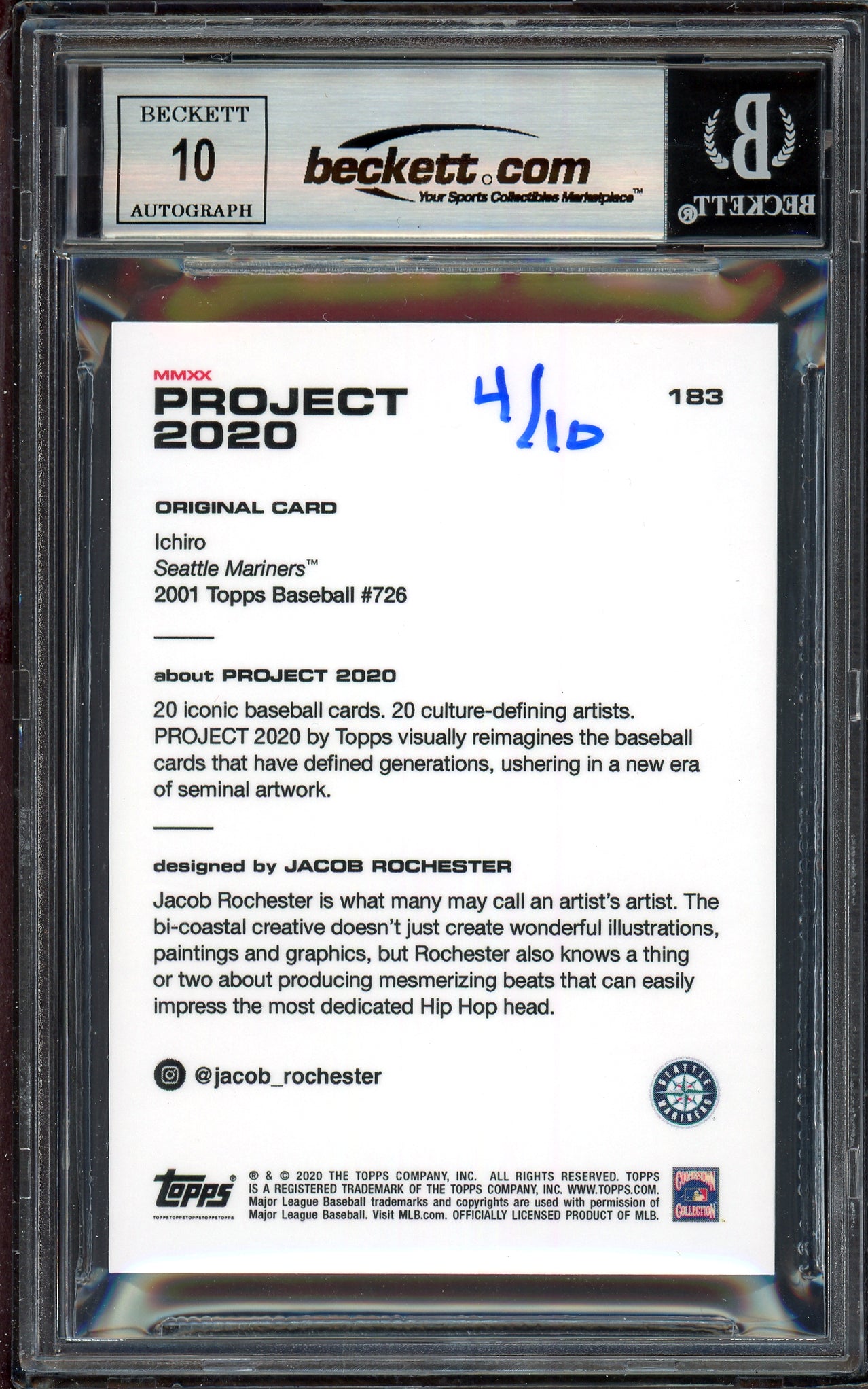Ichiro Suzuki Autographed Topps Project 2020 Jacob Rochester Card #183 Seattle Mariners Auto Grade Gem Mint 10 Lime Green #/10 Beckett BAS Stock #200991