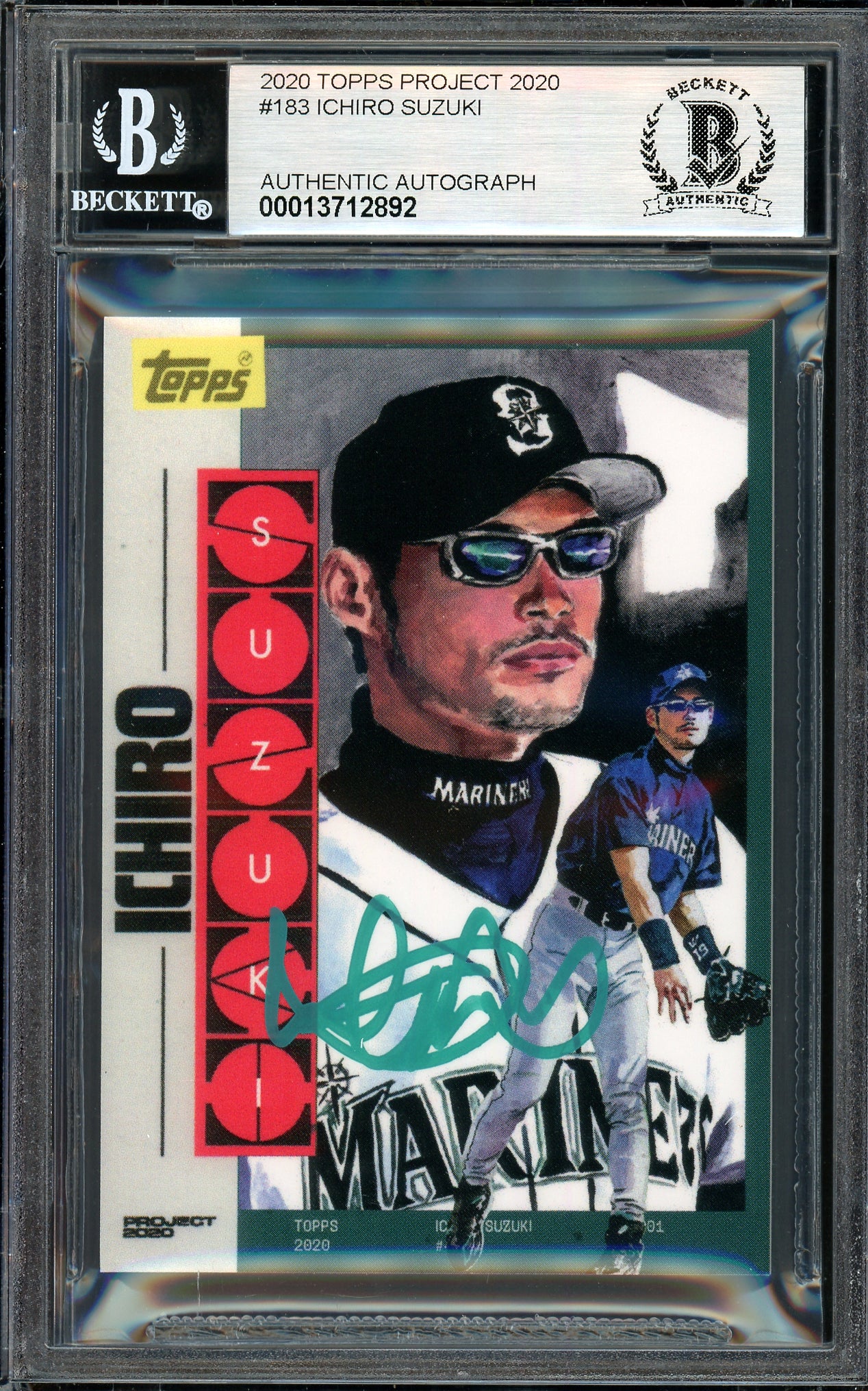 Ichiro Suzuki Autographed Topps Project 2020 Jacob Rochester Card #183 Seattle Mariners Auto Grade Gem Mint 10 Teal #/10 Beckett BAS Stock #200993