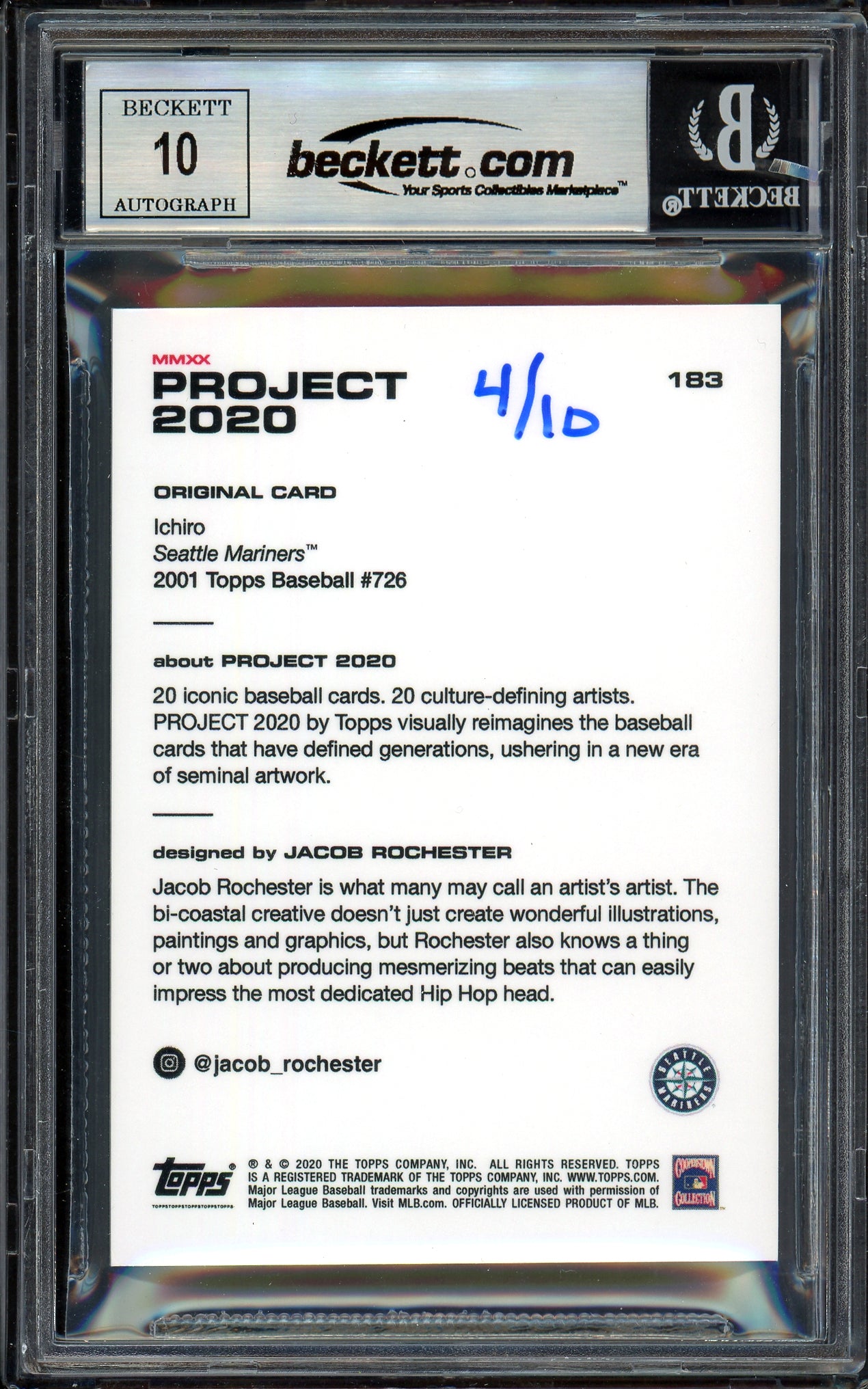 Ichiro Suzuki Autographed Topps Project 2020 Jacob Rochester Card #183 Seattle Mariners Auto Grade Gem Mint 10 Gold #/10 Beckett BAS Stock #200994