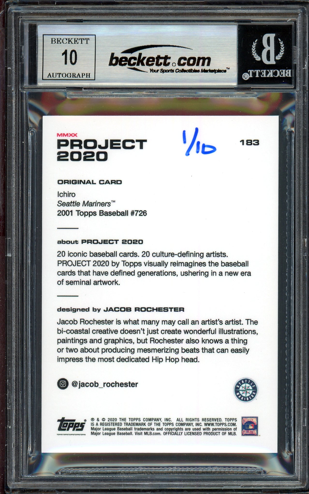Ichiro Suzuki Autographed Topps Project 2020 Jacob Rochester Card #183 Seattle Mariners Auto Grade Gem Mint 10 Silver #1/10 Beckett BAS #13712910
