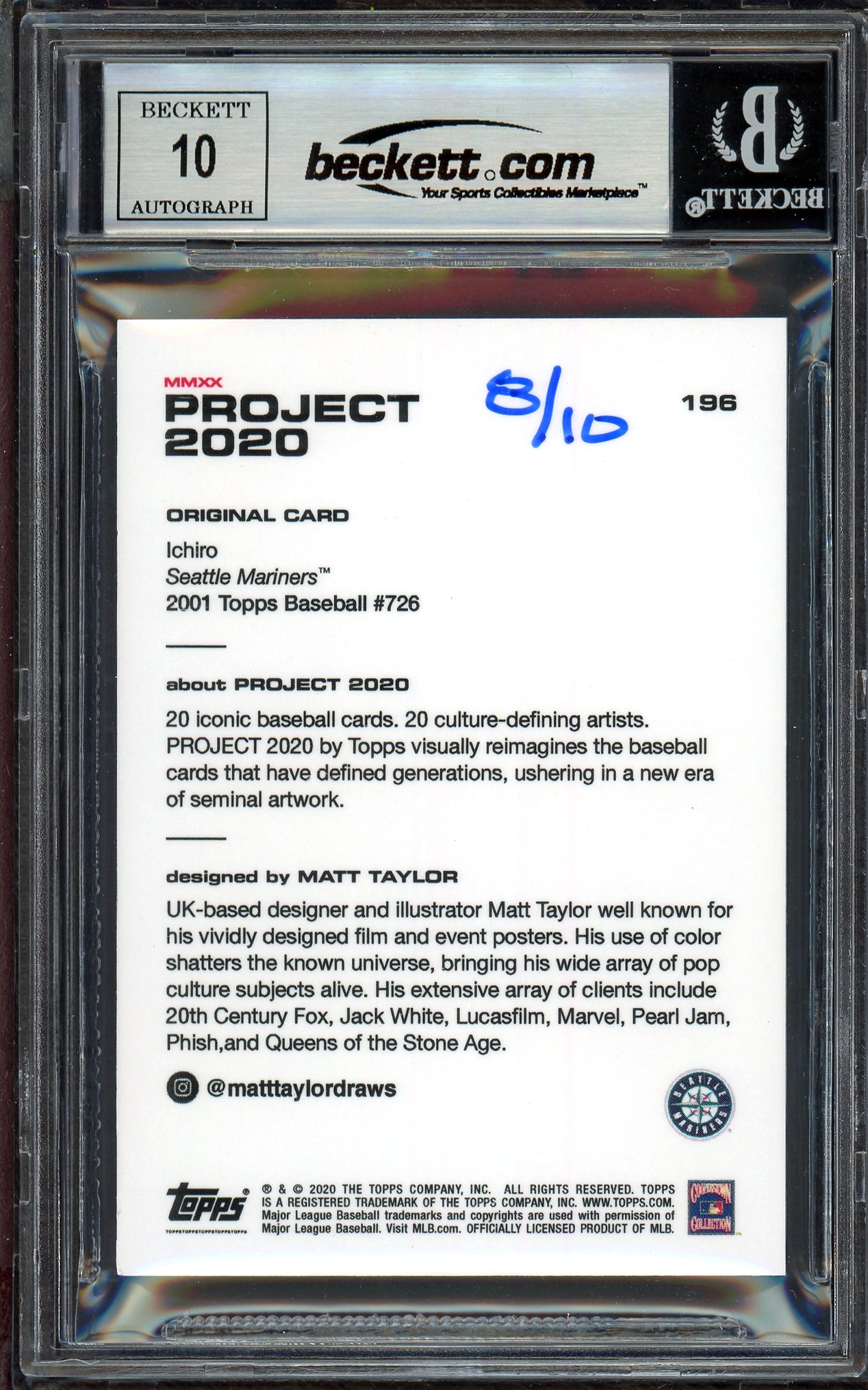 Ichiro Suzuki Autographed Topps Project 2020 Matt Taylor Card #196 Seattle Mariners Auto Grade Gem Mint 10 Blue #/10 Beckett BAS Stock #200997