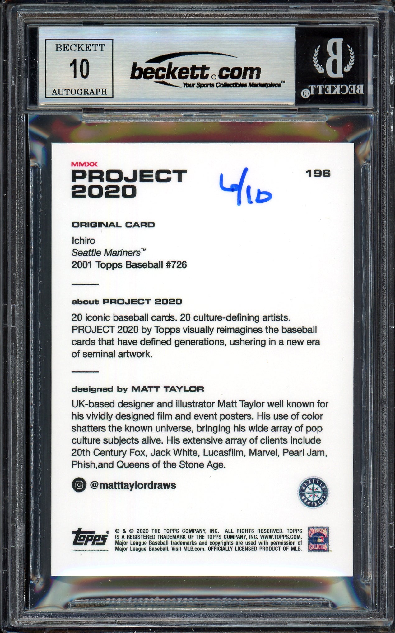 Ichiro Suzuki Autographed Topps Project 2020 Matt Taylor Card #196 Seattle Mariners Auto Grade Gem Mint 10 Lime Green #/10 Beckett BAS Stock #200998