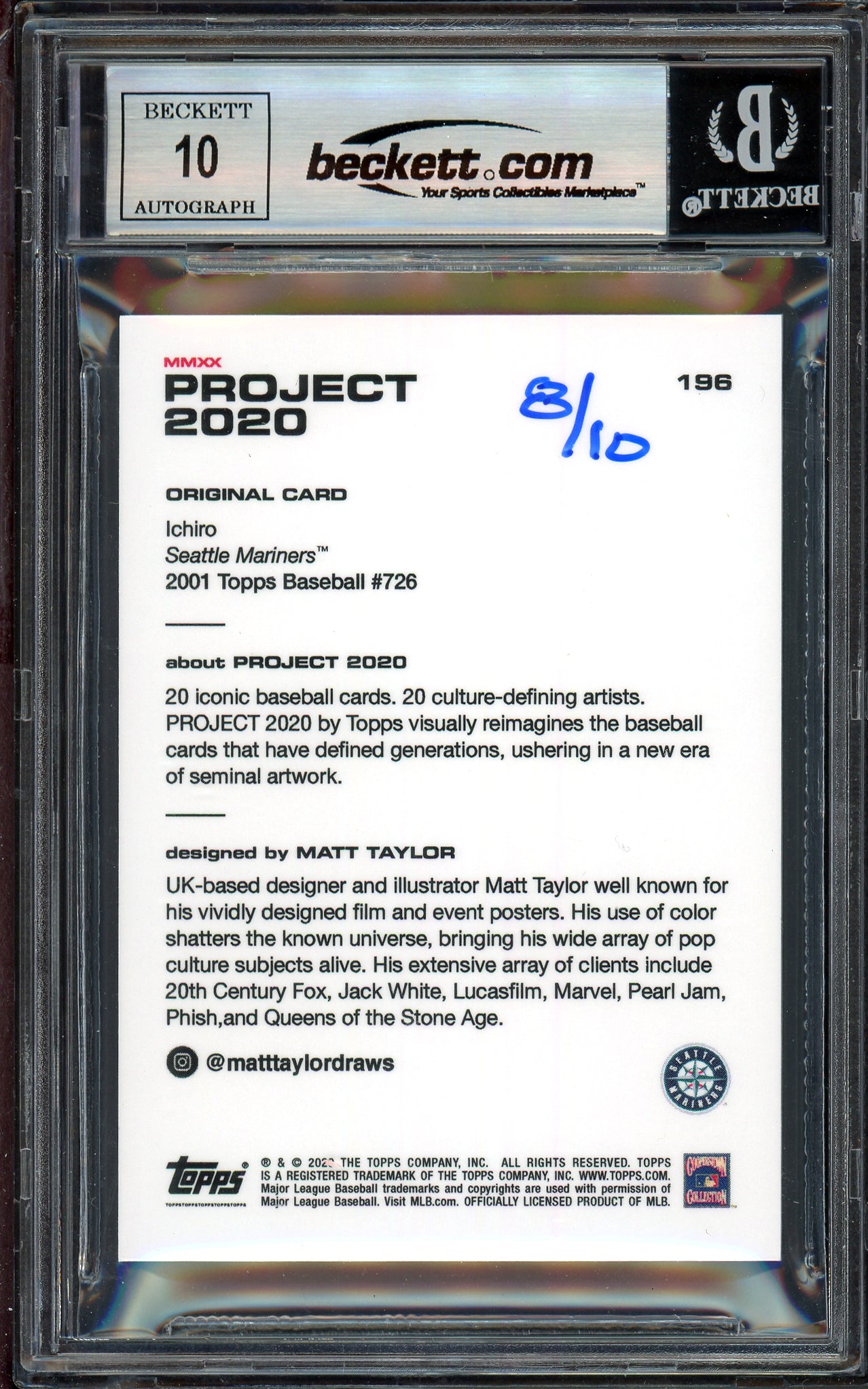 Ichiro Suzuki Autographed Topps Project 2020 Matt Taylor Card #196 Seattle Mariners Auto Grade Gem Mint 10 Black #/10 Beckett BAS Stock #200999