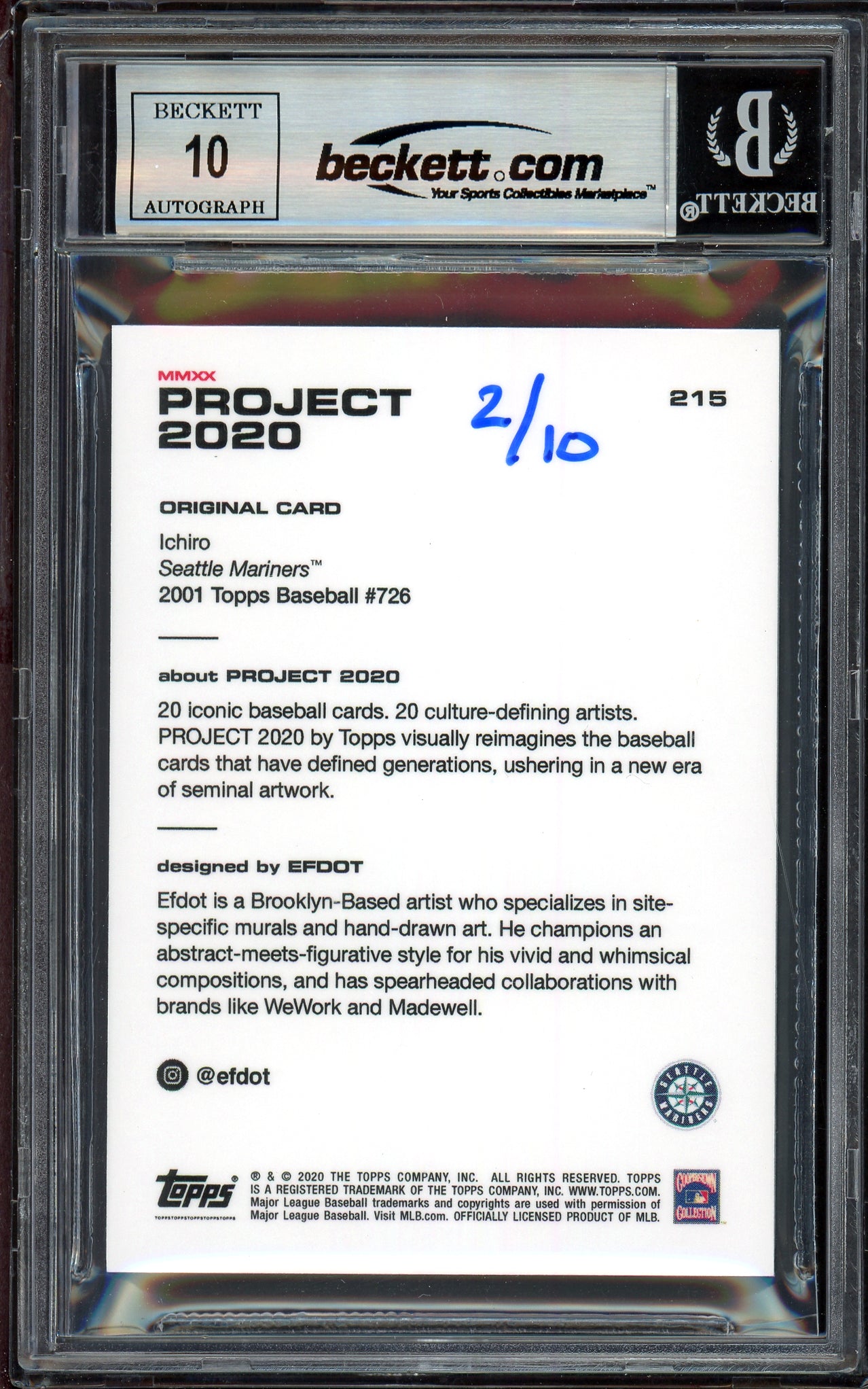 Ichiro Suzuki Autographed Topps Project 2020 Efdot Card #215 Seattle Mariners Auto Grade Gem Mint 10 Blue #/10 Beckett BAS Stock #201003
