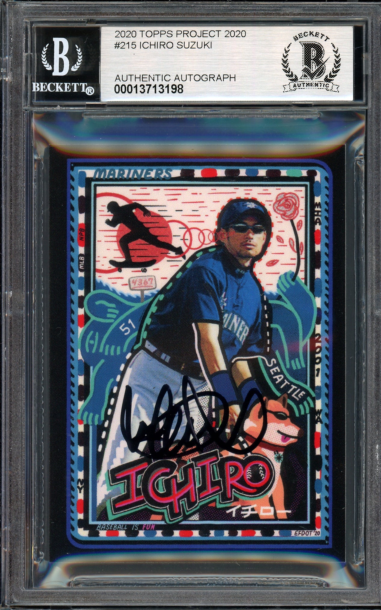 Ichiro Suzuki Autographed Topps Project 2020 Efdot Card #215 Seattle Mariners Auto Grade Gem Mint 10 Black #/10 Beckett BAS Stock #201005