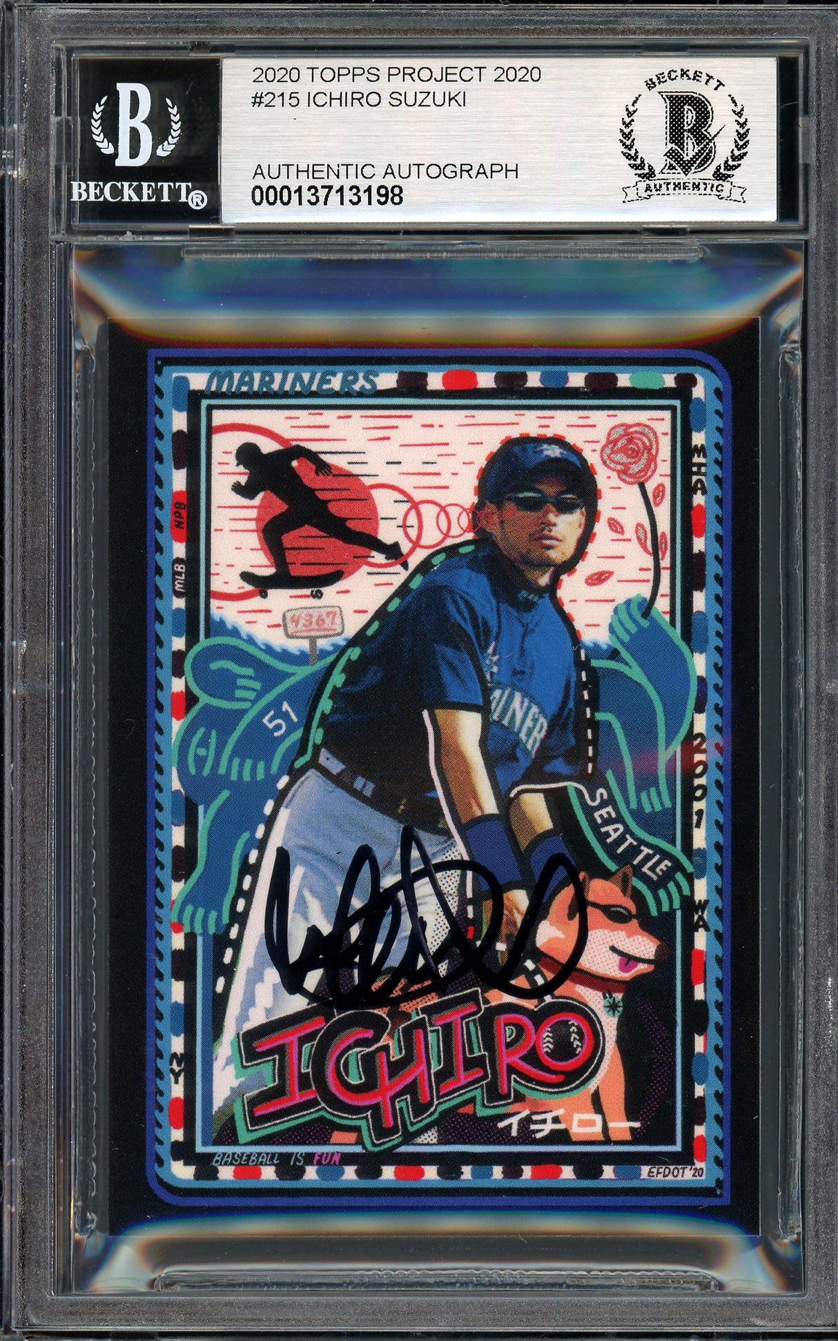 Ichiro Suzuki Autographed Topps Project 2020 Efdot Card #215 Seattle Mariners Auto Grade Gem Mint 10 Black #/10 Beckett BAS Stock #201005