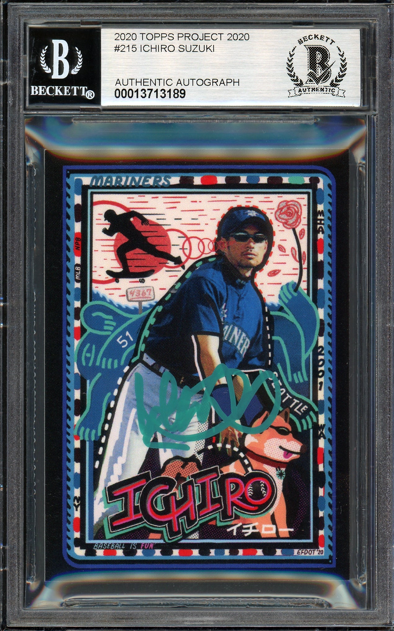 Ichiro Suzuki Autographed Topps Project 2020 Efdot Card #215 Seattle Mariners Auto Grade Gem Mint 10 Teal #/10 Beckett BAS Stock #201006