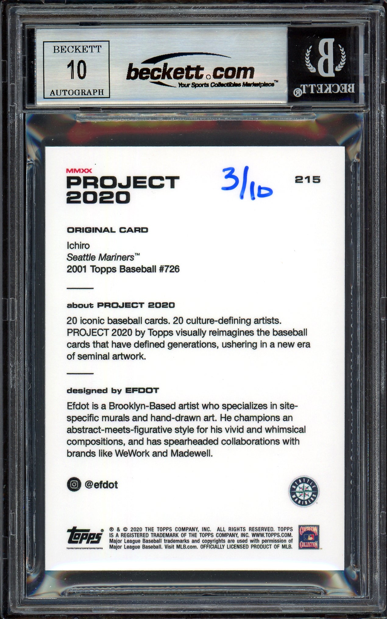 Ichiro Suzuki Autographed Topps Project 2020 Efdot Card #215 Seattle Mariners Auto Grade Gem Mint 10 Teal #/10 Beckett BAS Stock #201006