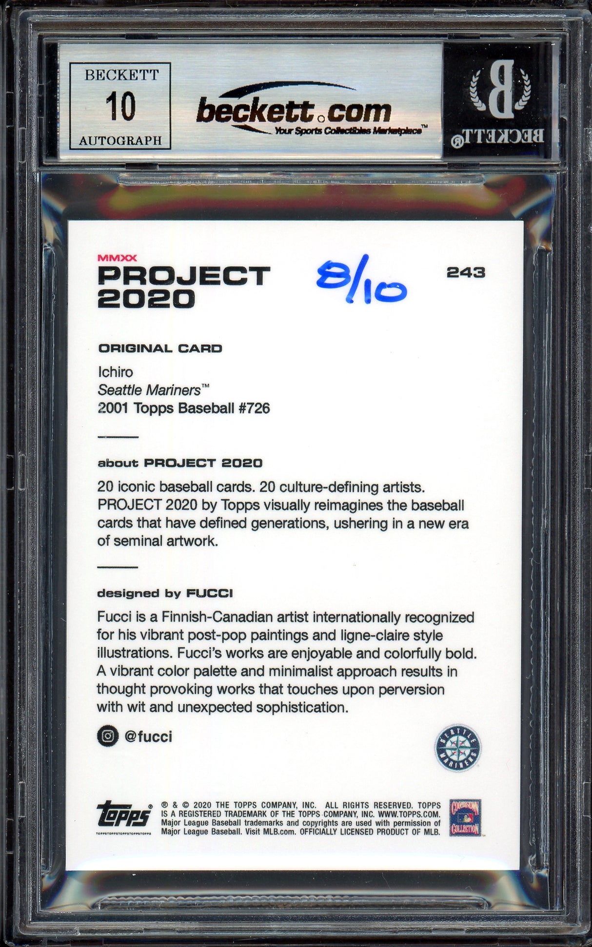 Ichiro Suzuki Autographed Topps Project 2020 Fucci Card #243 Seattle Mariners Auto Grade Gem Mint 10 Blue #/10 Beckett BAS Stock #201008